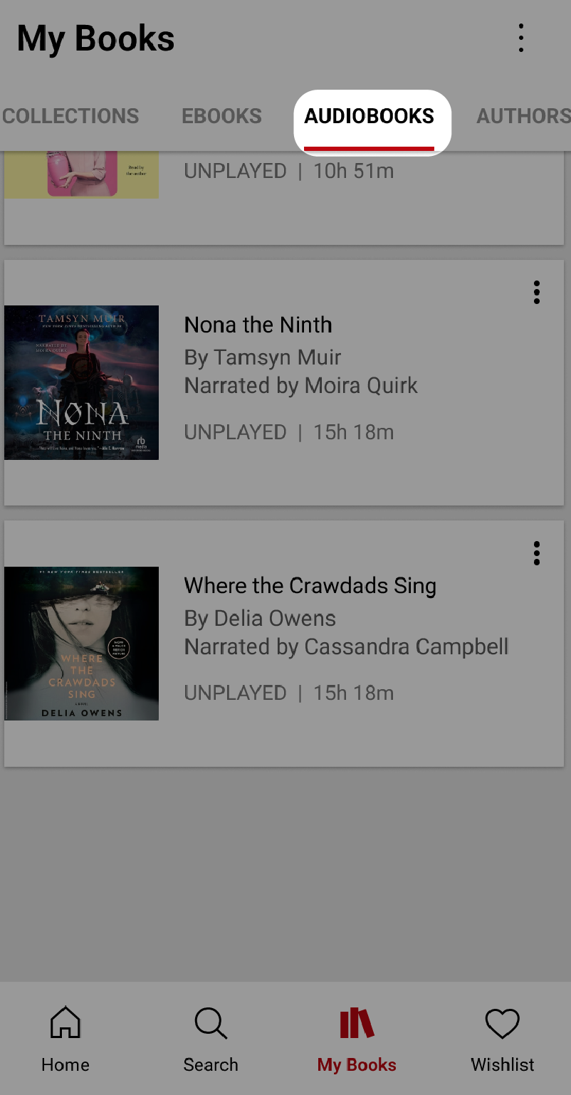 Kobo Books-app met het tabblad Audioboeken gemarkeerd.