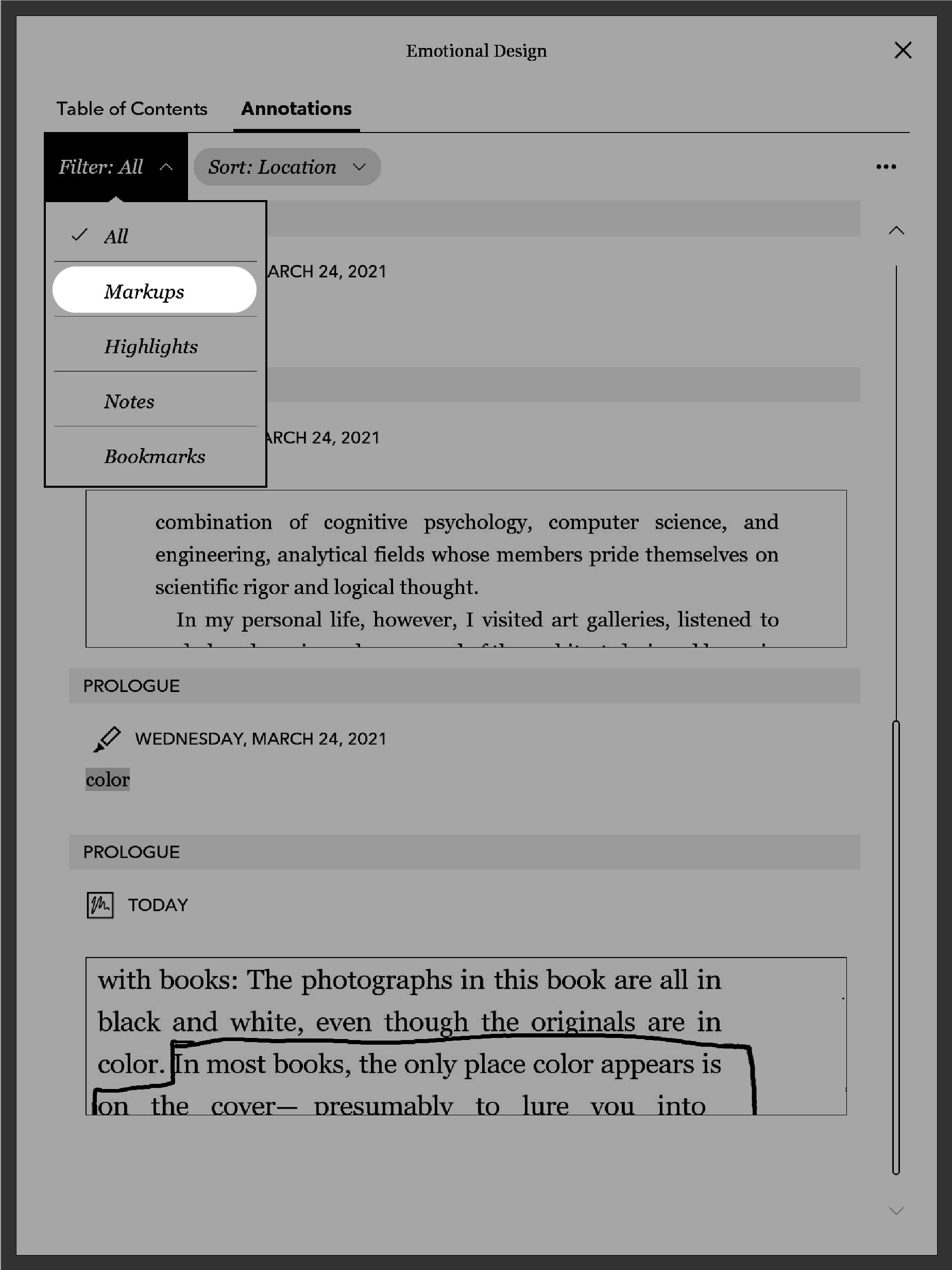 Kobo eReader-Ansicht für Anmerkungen mit ausgewählter Markierungen-Schaltfläche.