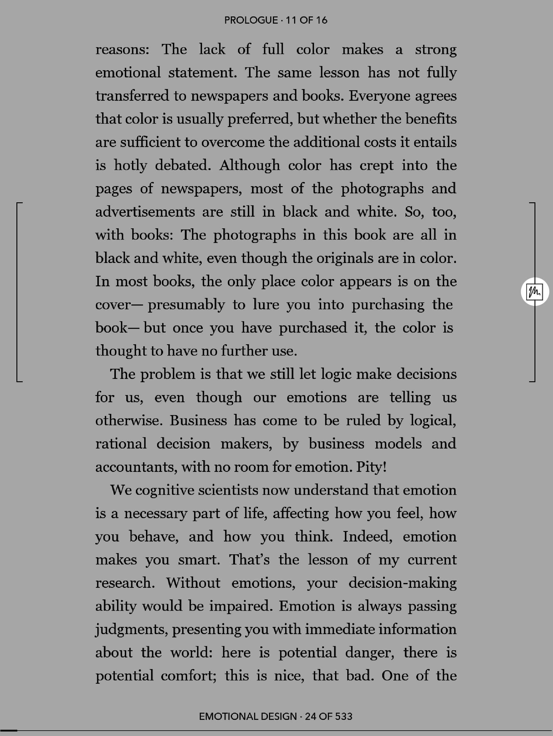 Kobo eReader page view with the scribble icon highlighted.