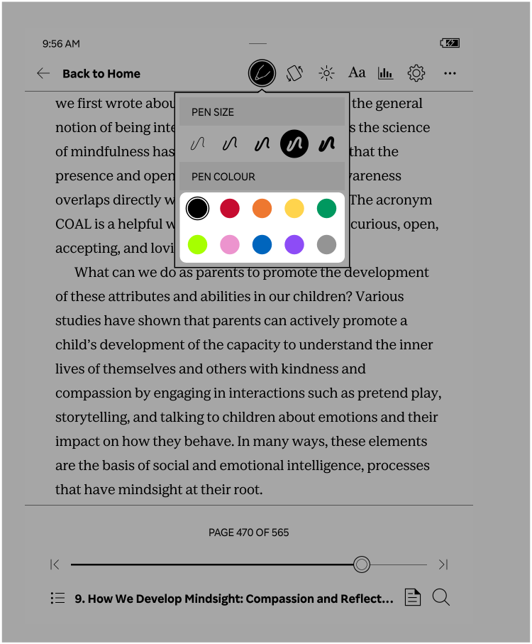 Configuración de lectura del eReader Kobo con el menú de Color del lápiz resaltado.