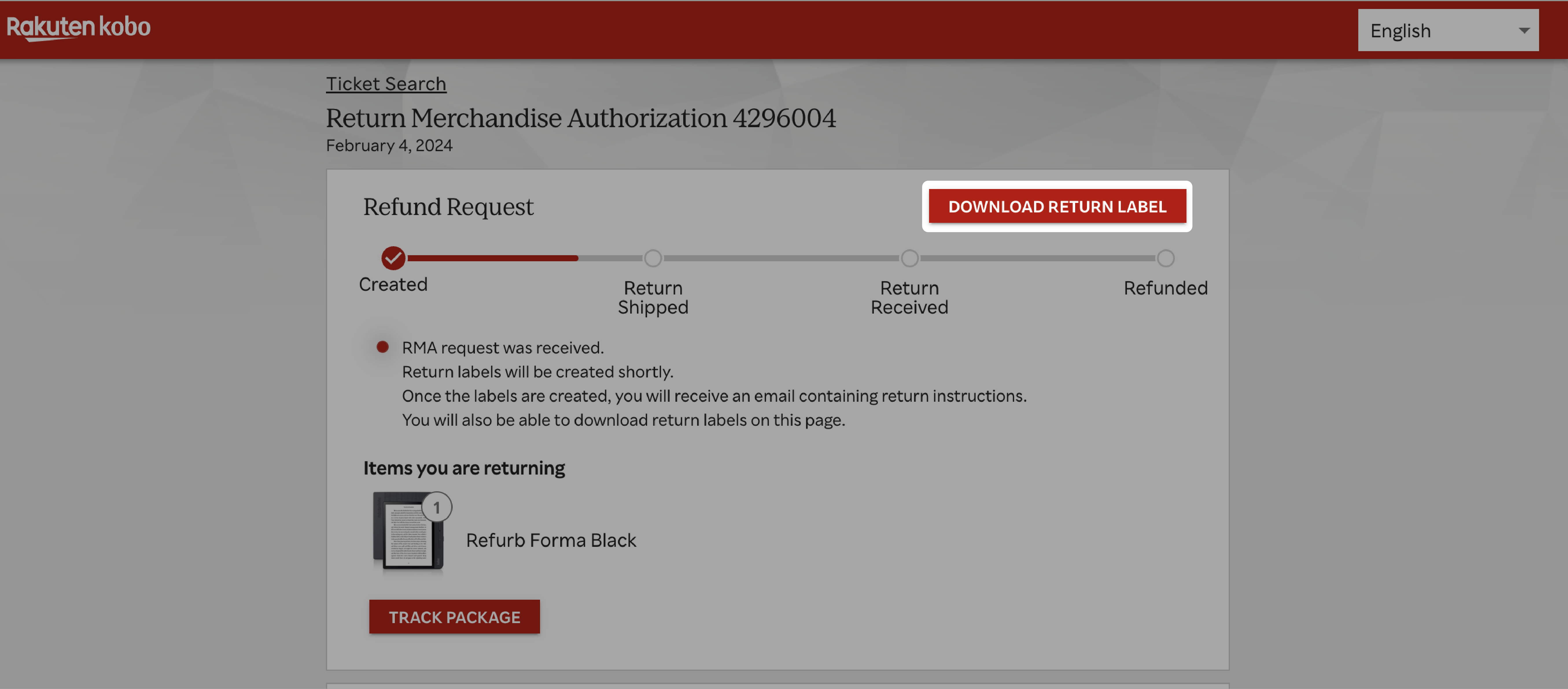 Kobo.com RMA-pagina met de knop 'Retourlabel downloaden' gemarkeerd.