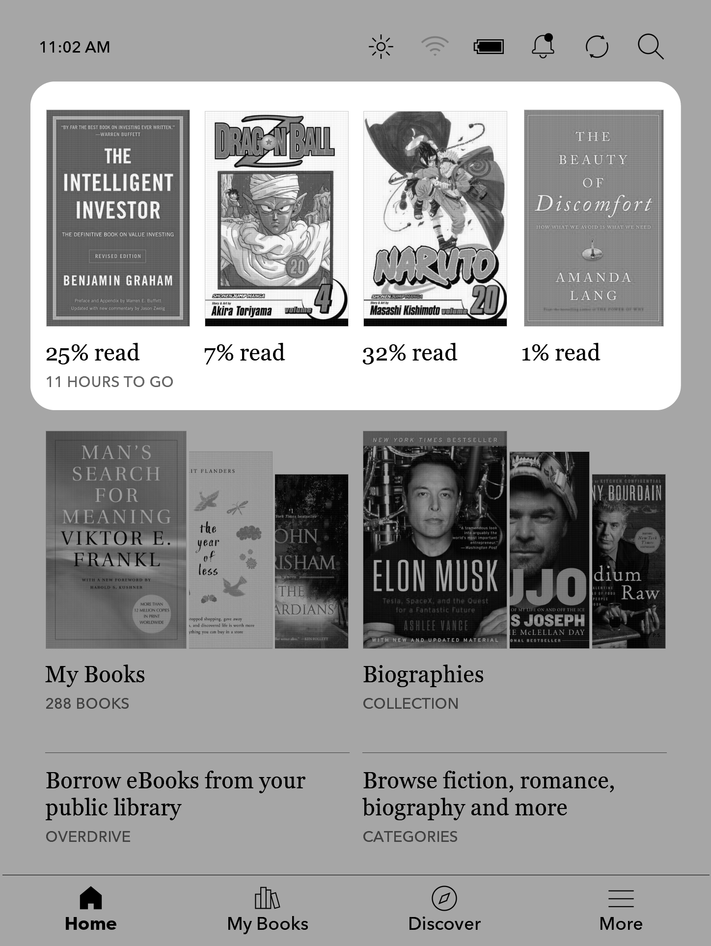 Kobo eReader Home screen with a row of book covers highlighted near the top of the screen.