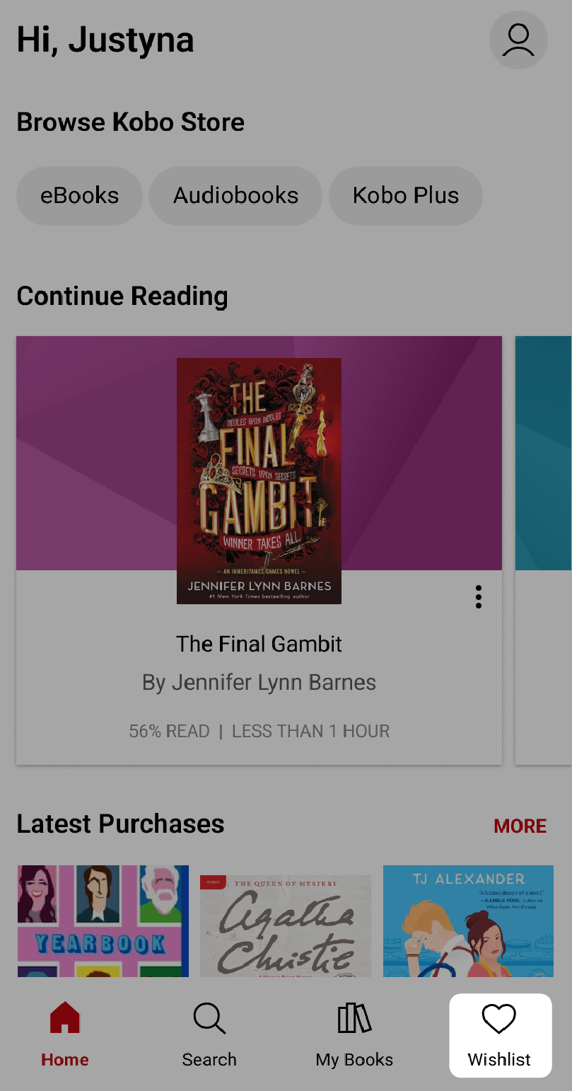 App Kobo Books con il comando Wishlist evidenziato nella parte inferiore della pagina.