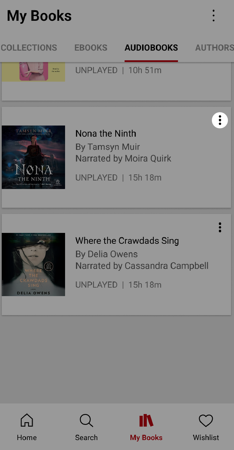 Aplicación Kobo Books en el menú Mis libros con el ícono de tres puntos resaltado.