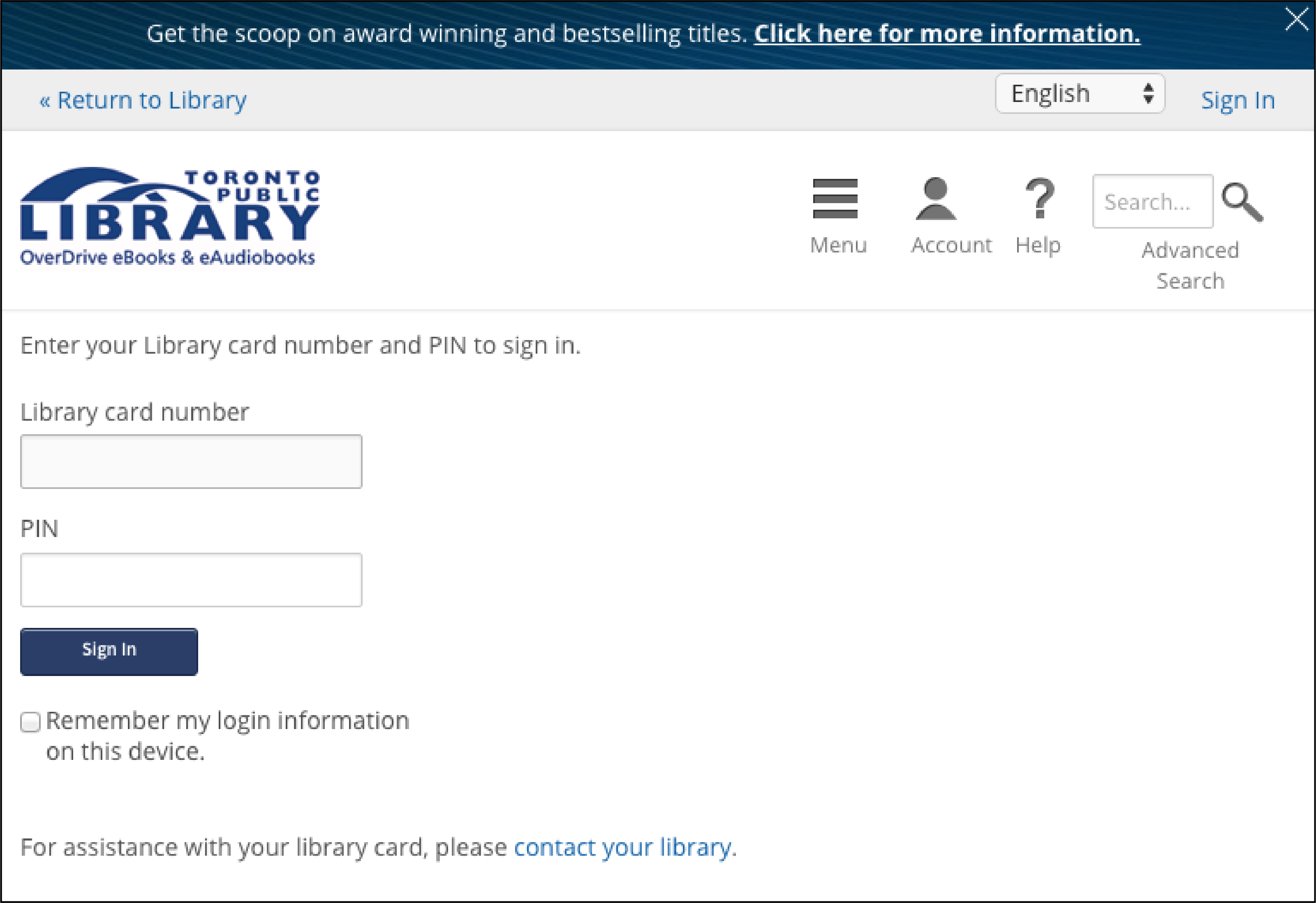 Toronto Public library signin screen with the Library card number and PIN fields highlighted