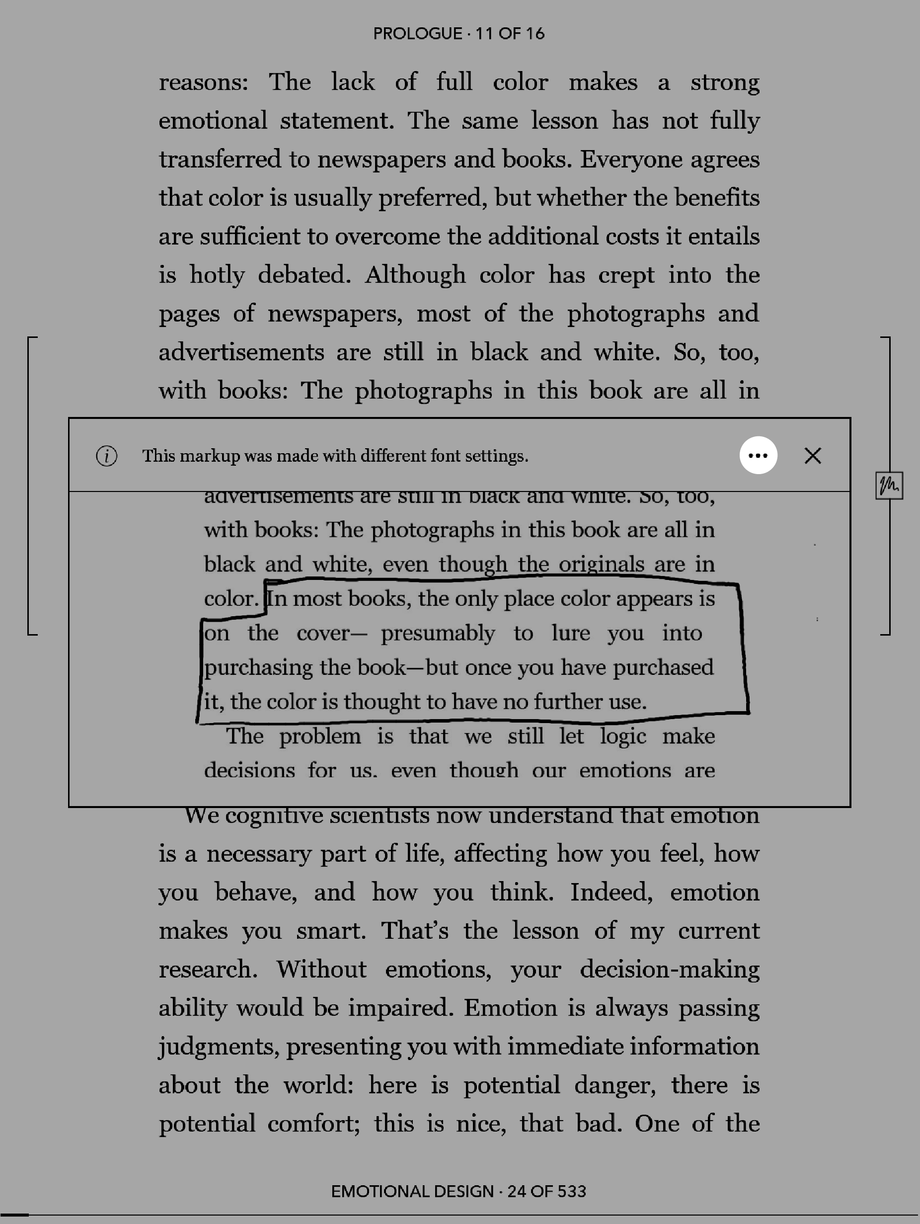 Vista de página del eReader Kobo con el menú emergente de notas y el icono de tres puntos resaltado.