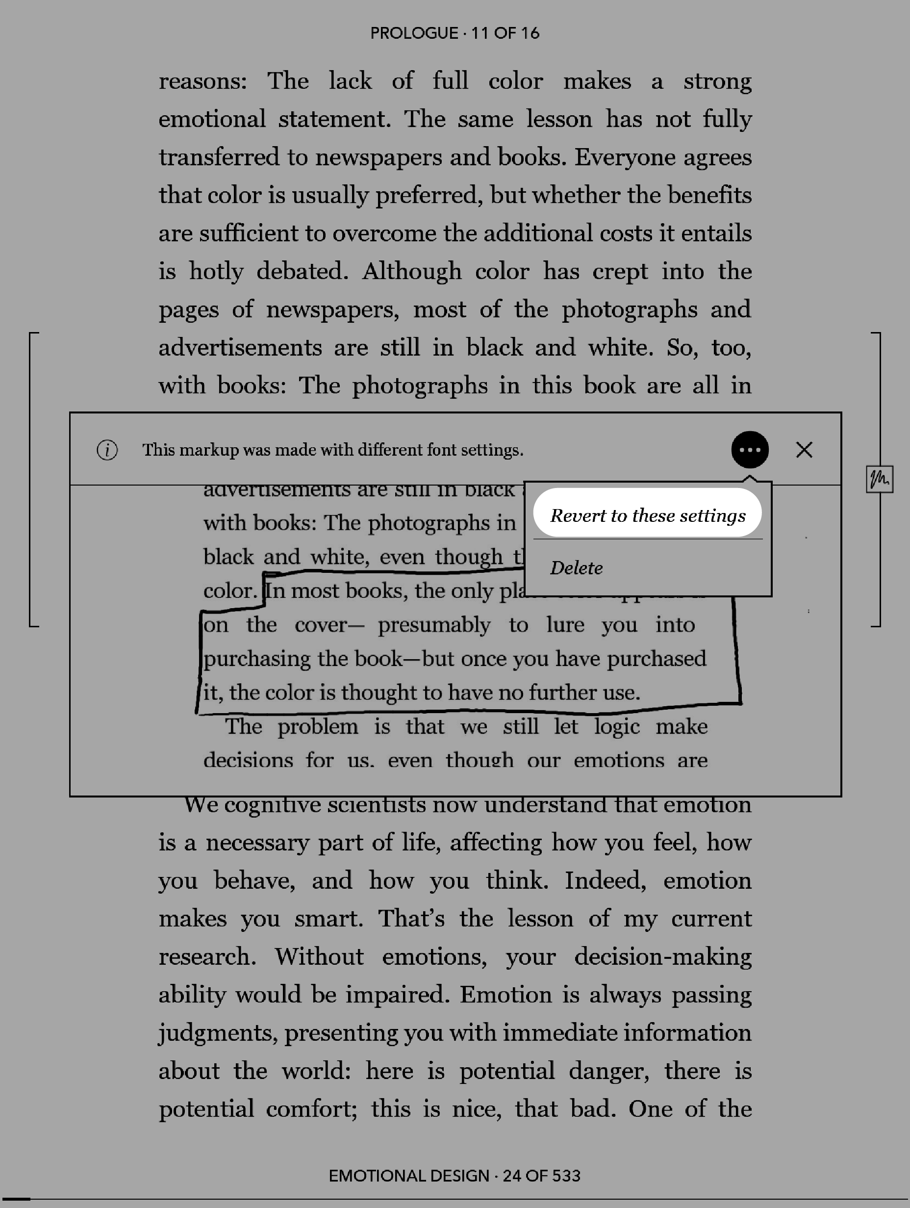 Vista de página del eReader Kobo con el menú emergente de notas y el botón Revertir a estos ajustes resaltado.