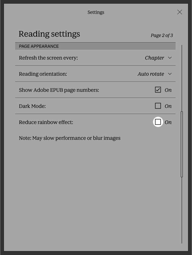 Checkbox beside Reduce Rainbow effect option highlighted.