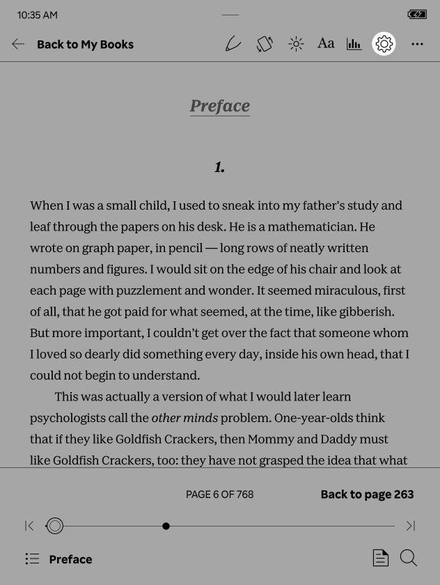 Menu di lettura dell'eReader Kobo con l'icona a forma di ingranaggio evidenziata.