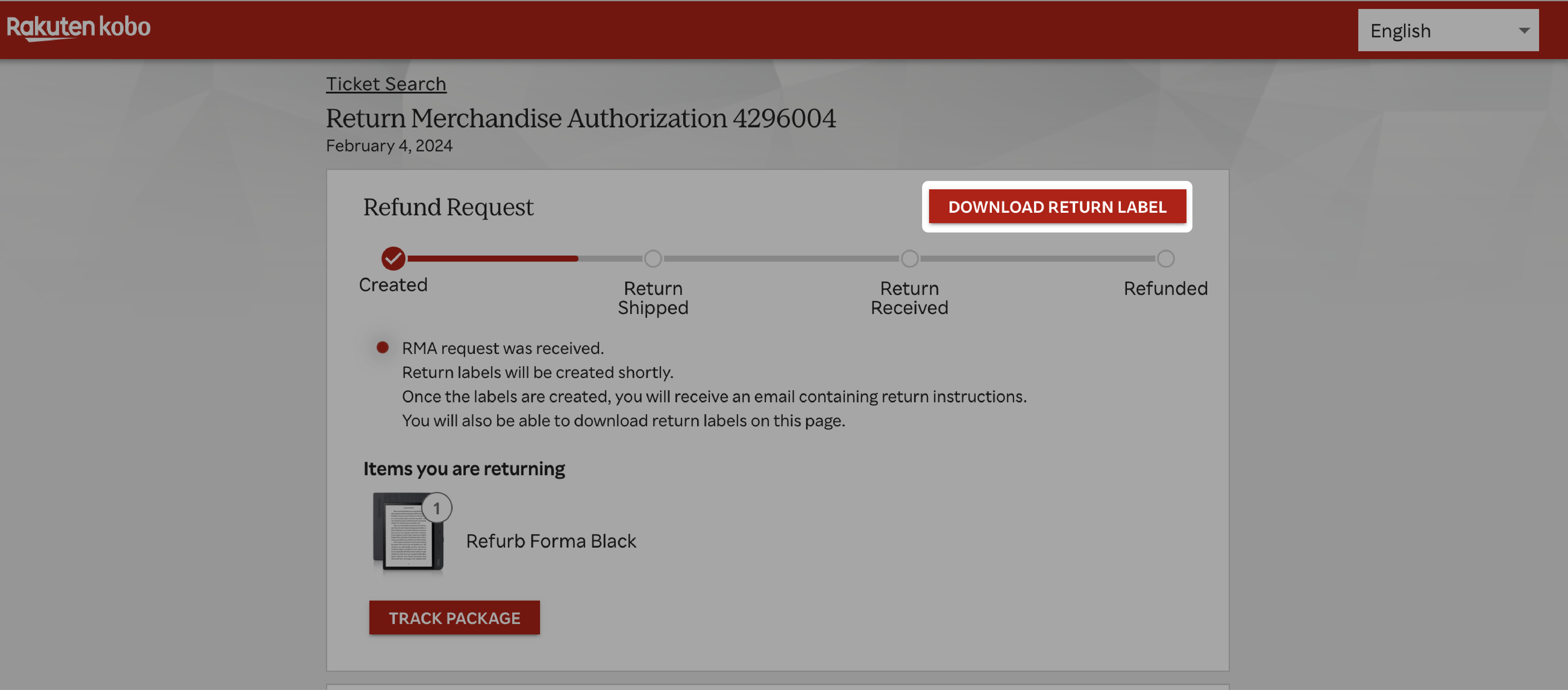Página de RMA de Kobo.com con el botón Descargar Etiqueta de Devolución resaltado.