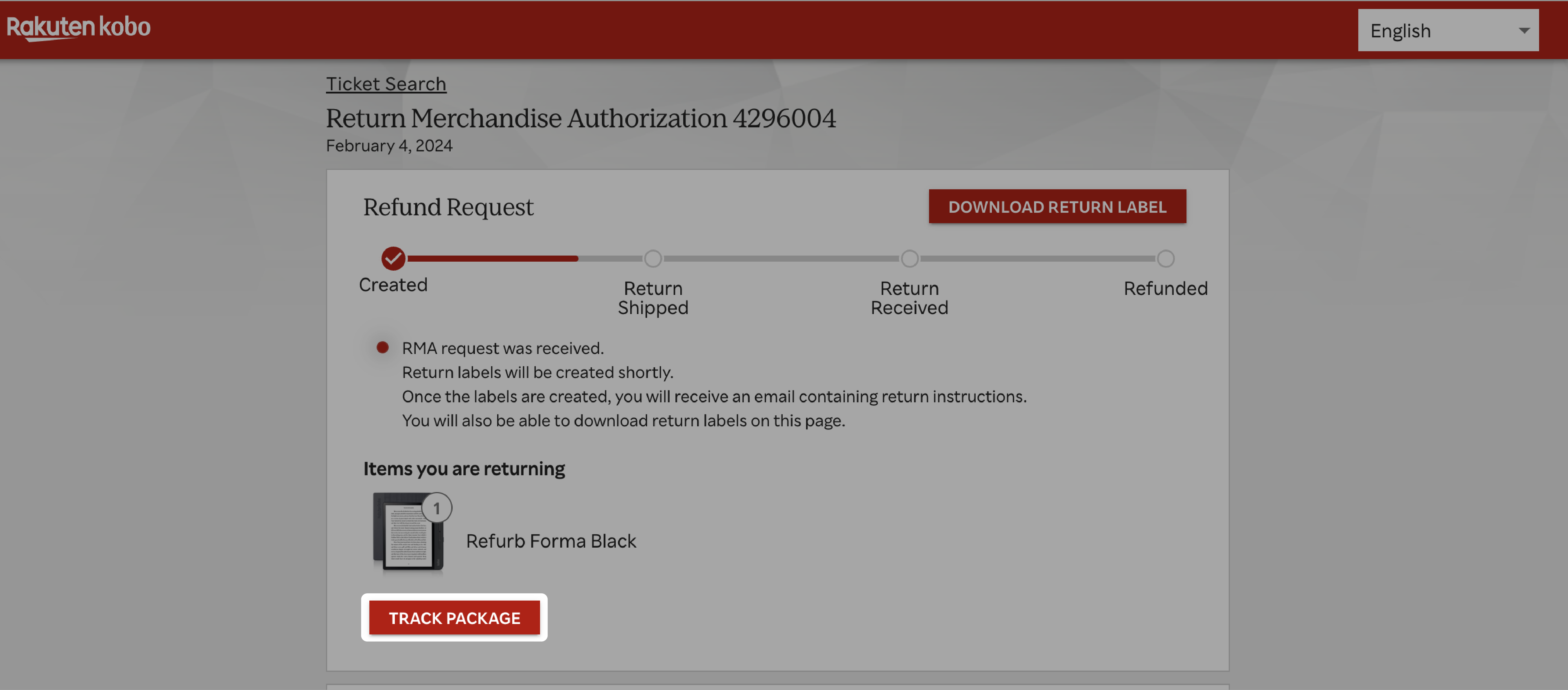 Kobo.com RMA-pagina met de knop Pakket volgen gemarkeerd.