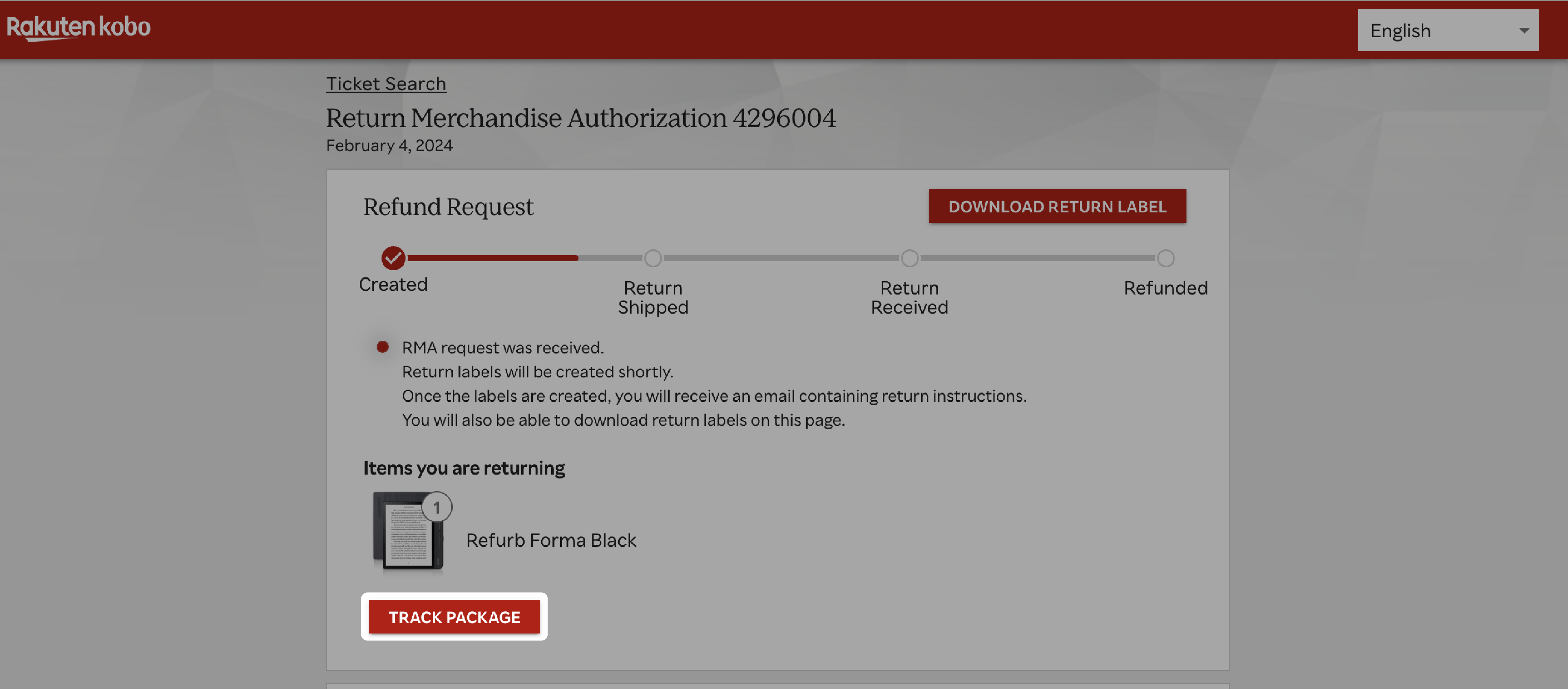 Página de RMA do Kobo.com com o botão Rastrear Encomenda destacado.