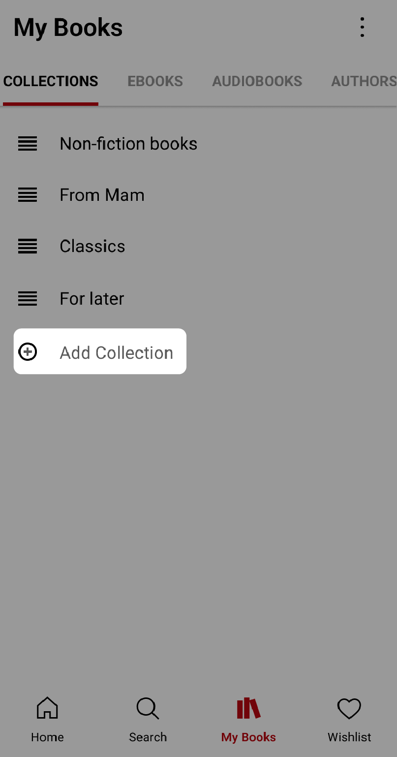 Kobo Books app My Books menu with the Add Collection button highlighted.