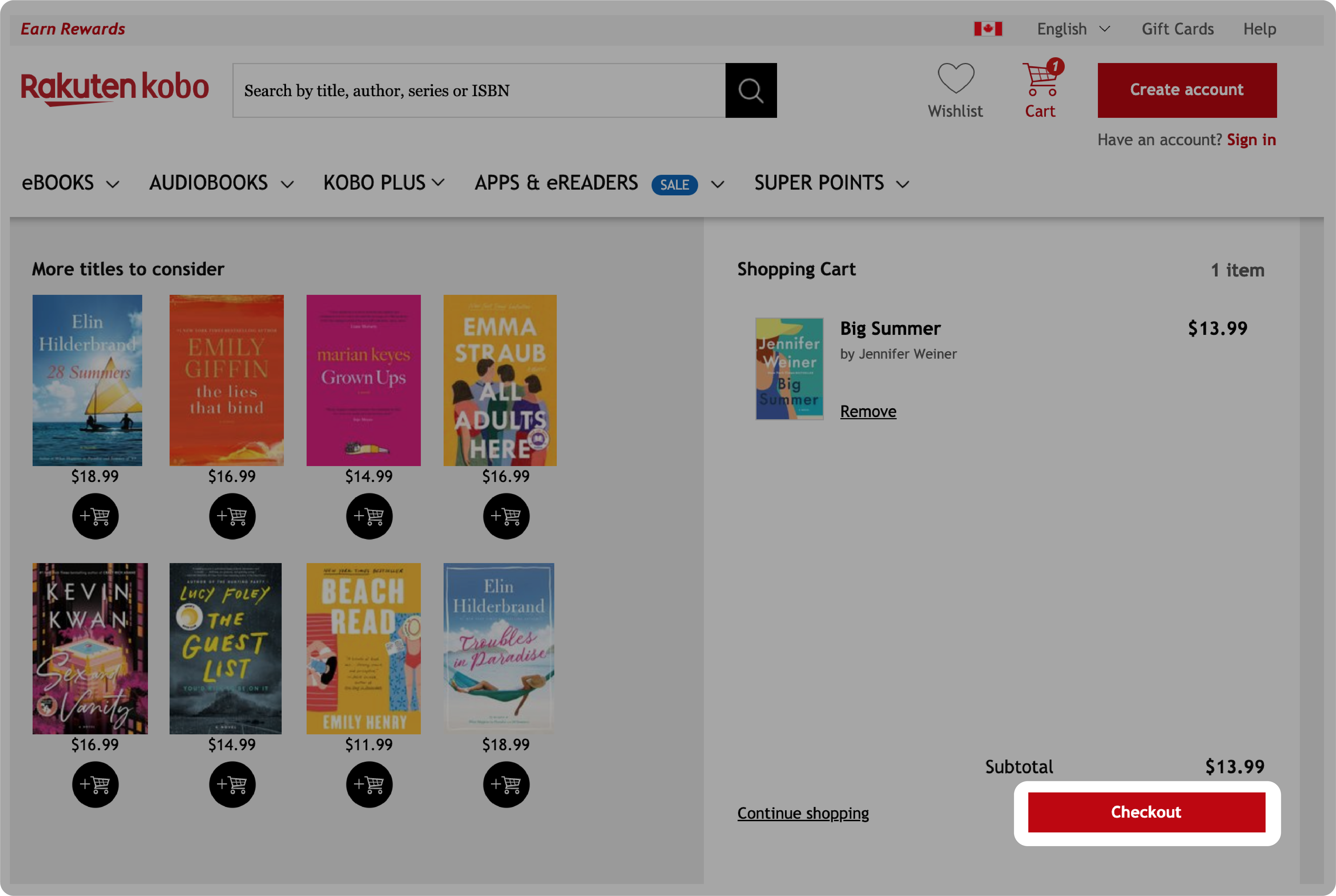 Kobo.com Kassenseite mit hervorgehobenem Checkout-Button.