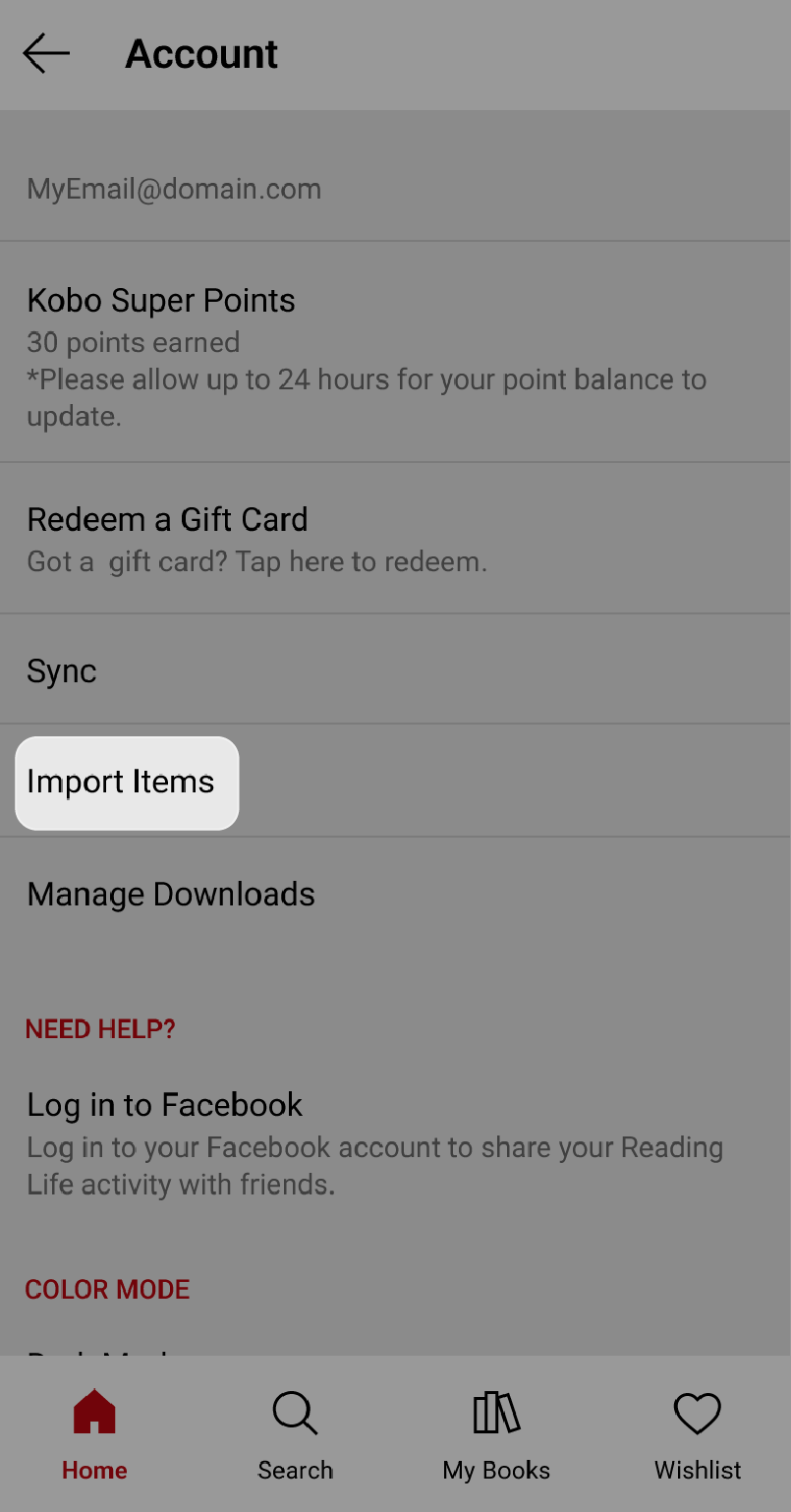 Écran Compte de l'application Kobo Books avec le bouton Importer des éléments mis en évidence.