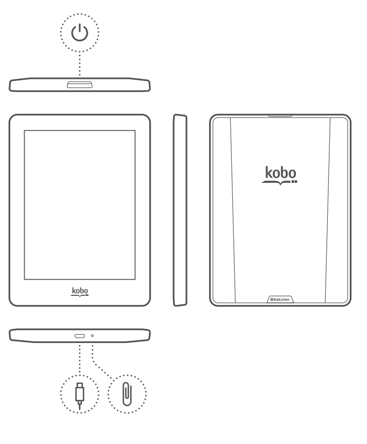 Ilustración del eReader Kobo con el botón de encendido y los puertos resaltados.