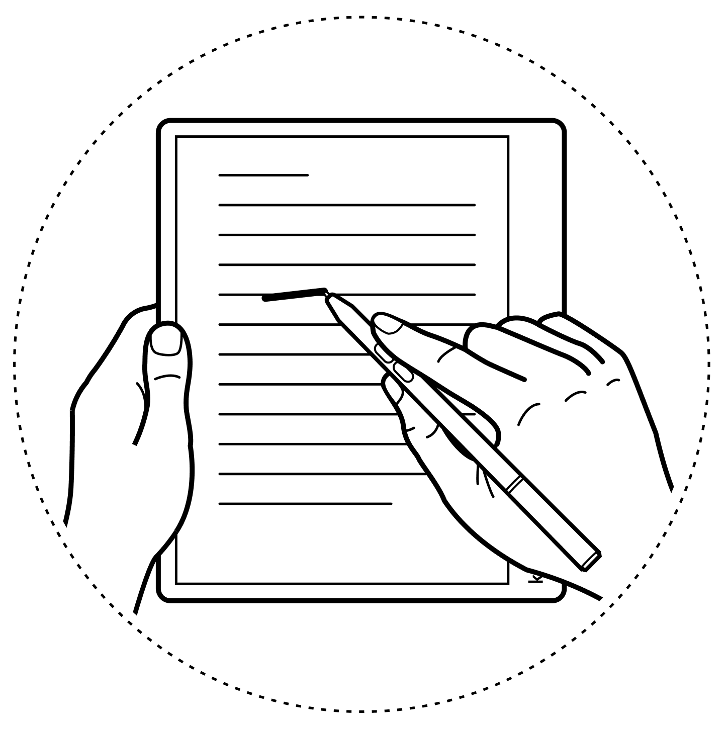 Illustration of a hand holding a Kobo eReader and scribbling on the screen using a Kobo Stylus.