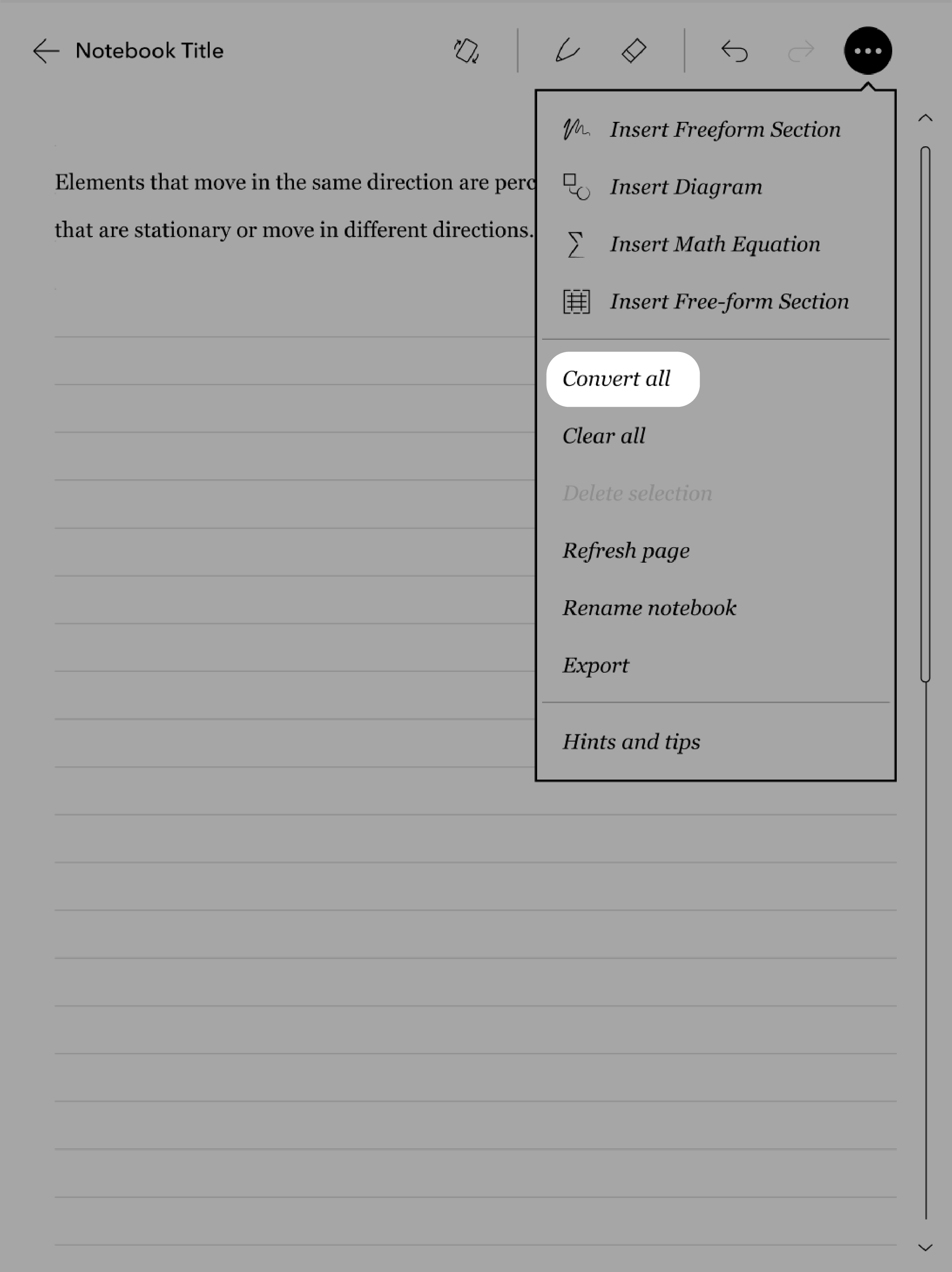 Vista del Bloc de notas de Kobo con el botón Convertir todo resaltado.