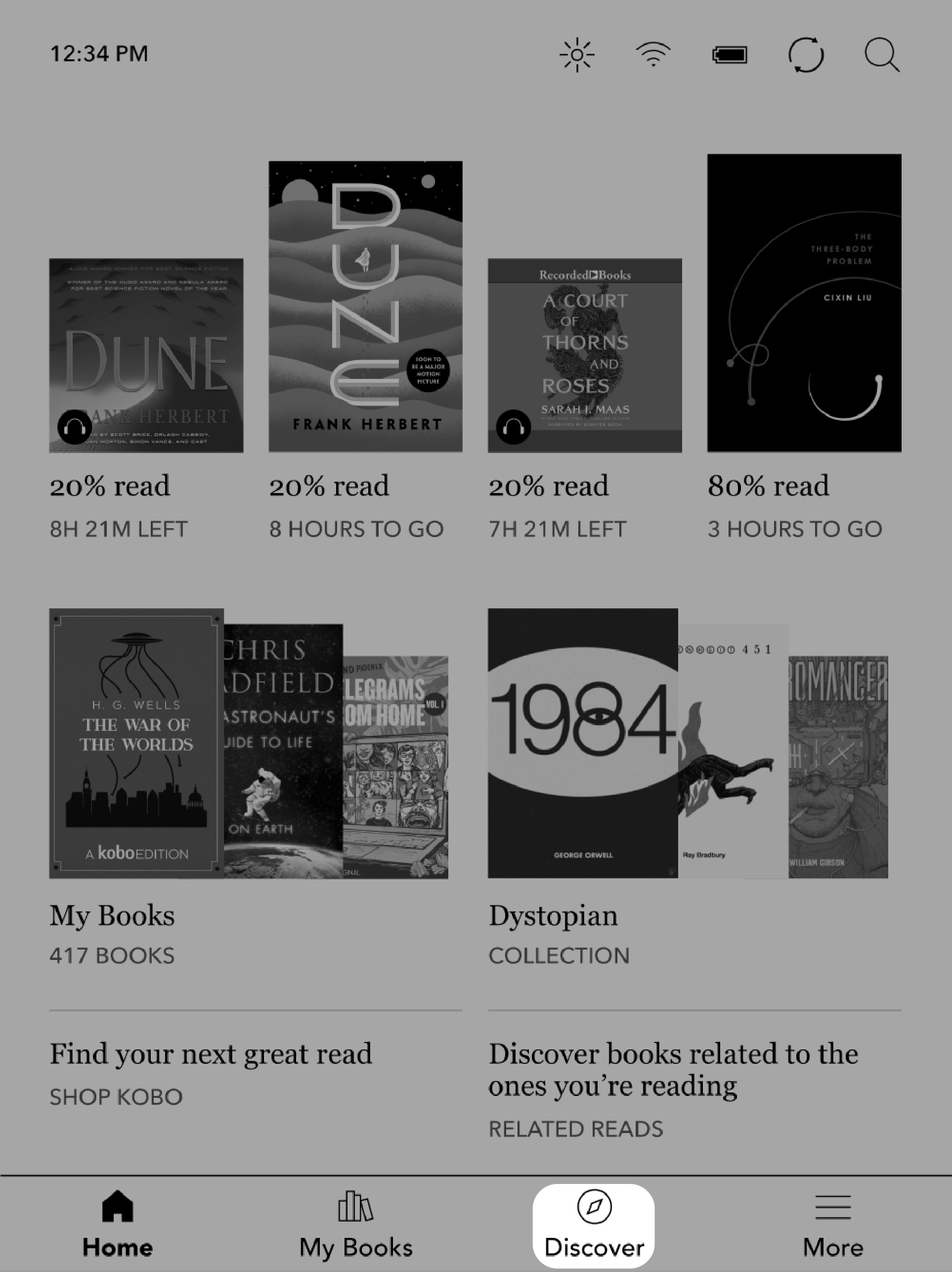 Kobo eReader Home screen with the Discover button highlighted at the bottom of the page.