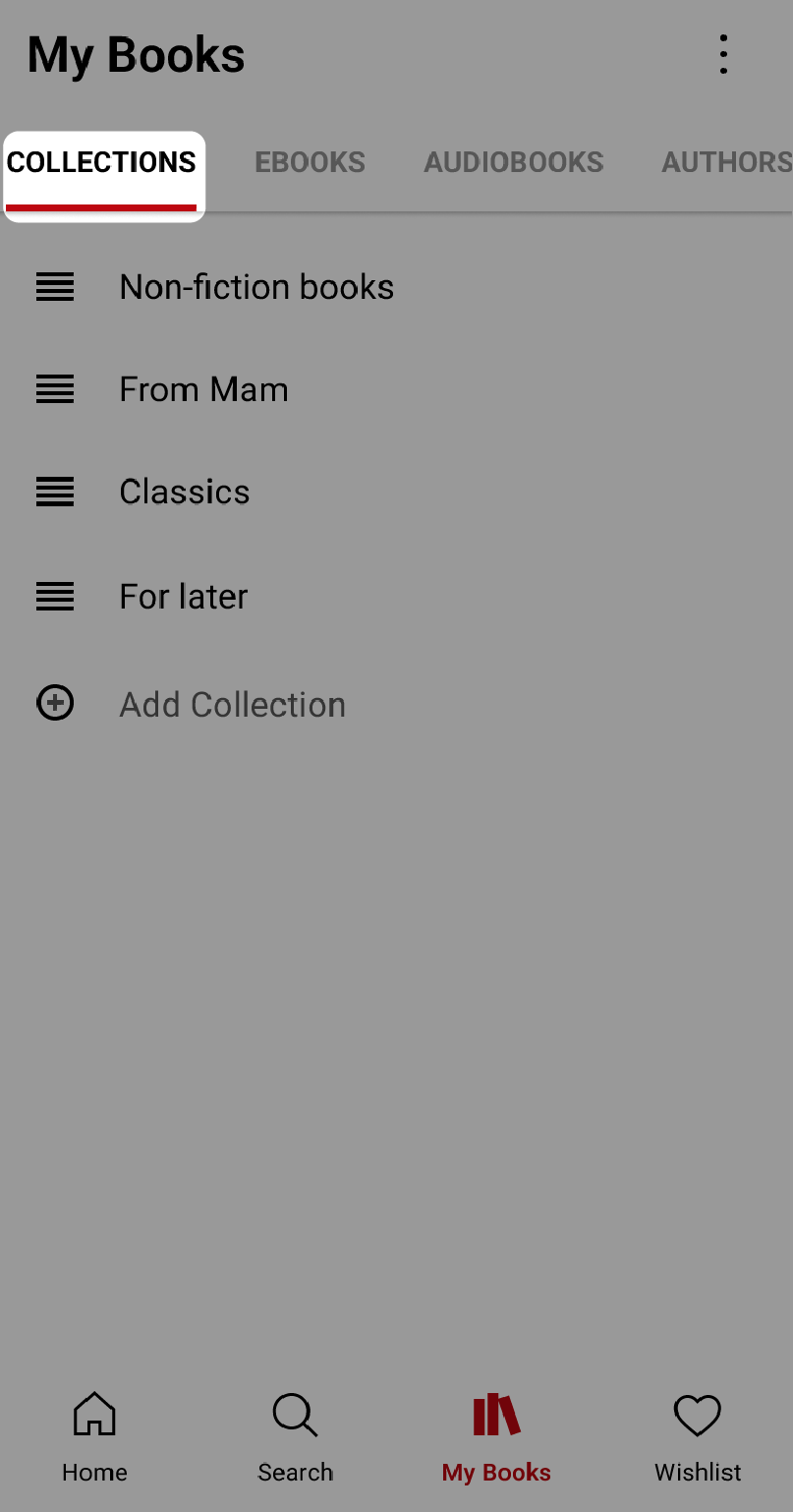 Kobo Books-app Mijn boeken-menu met het tabblad Collecties gemarkeerd.