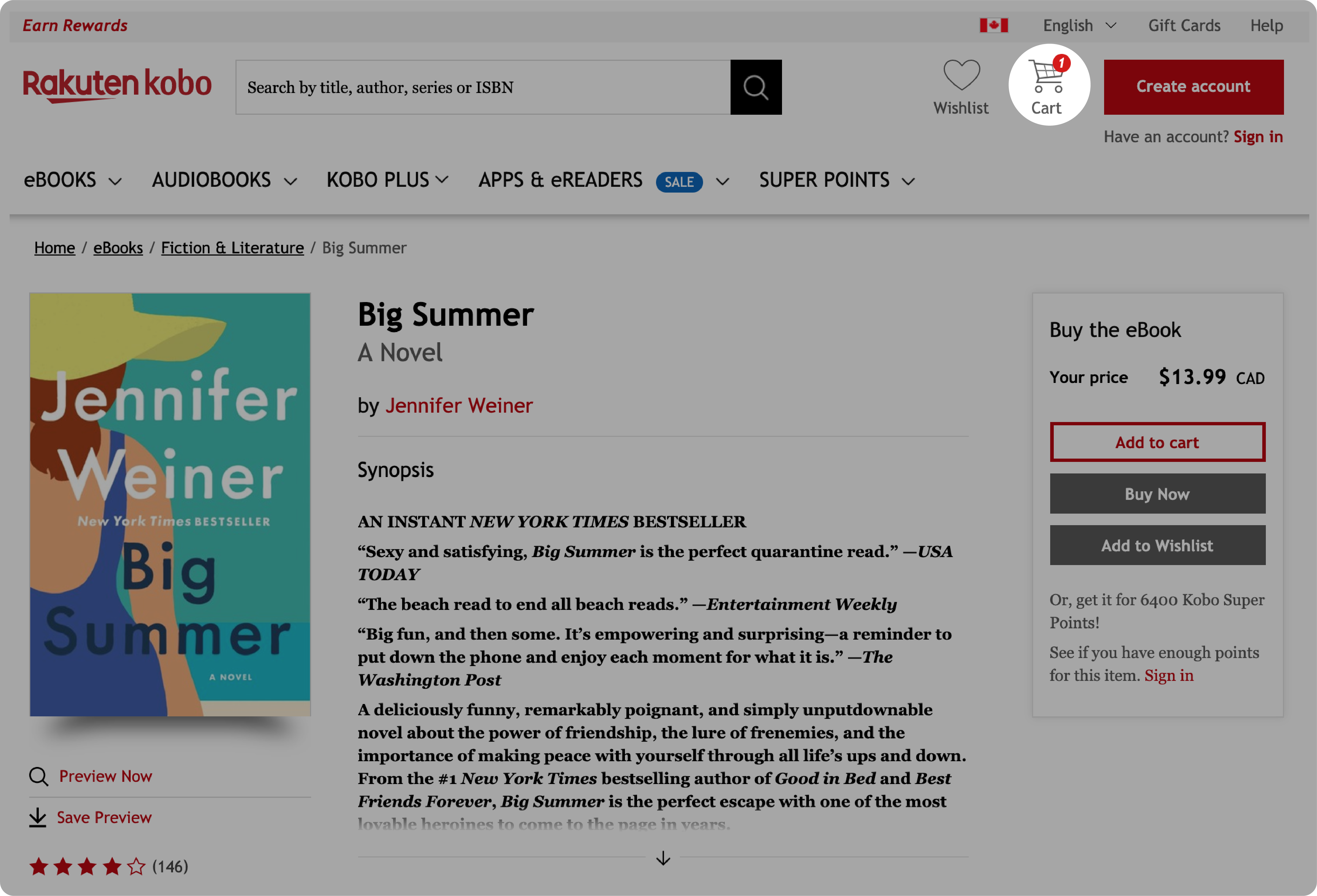 Kobo.com Home page with the Cart icon highlighted at the top of the screen.