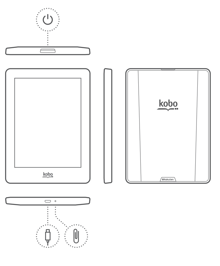 Afbeelding van de Kobo eReader met de aan/uit-knop en poorten gemarkeerd.
