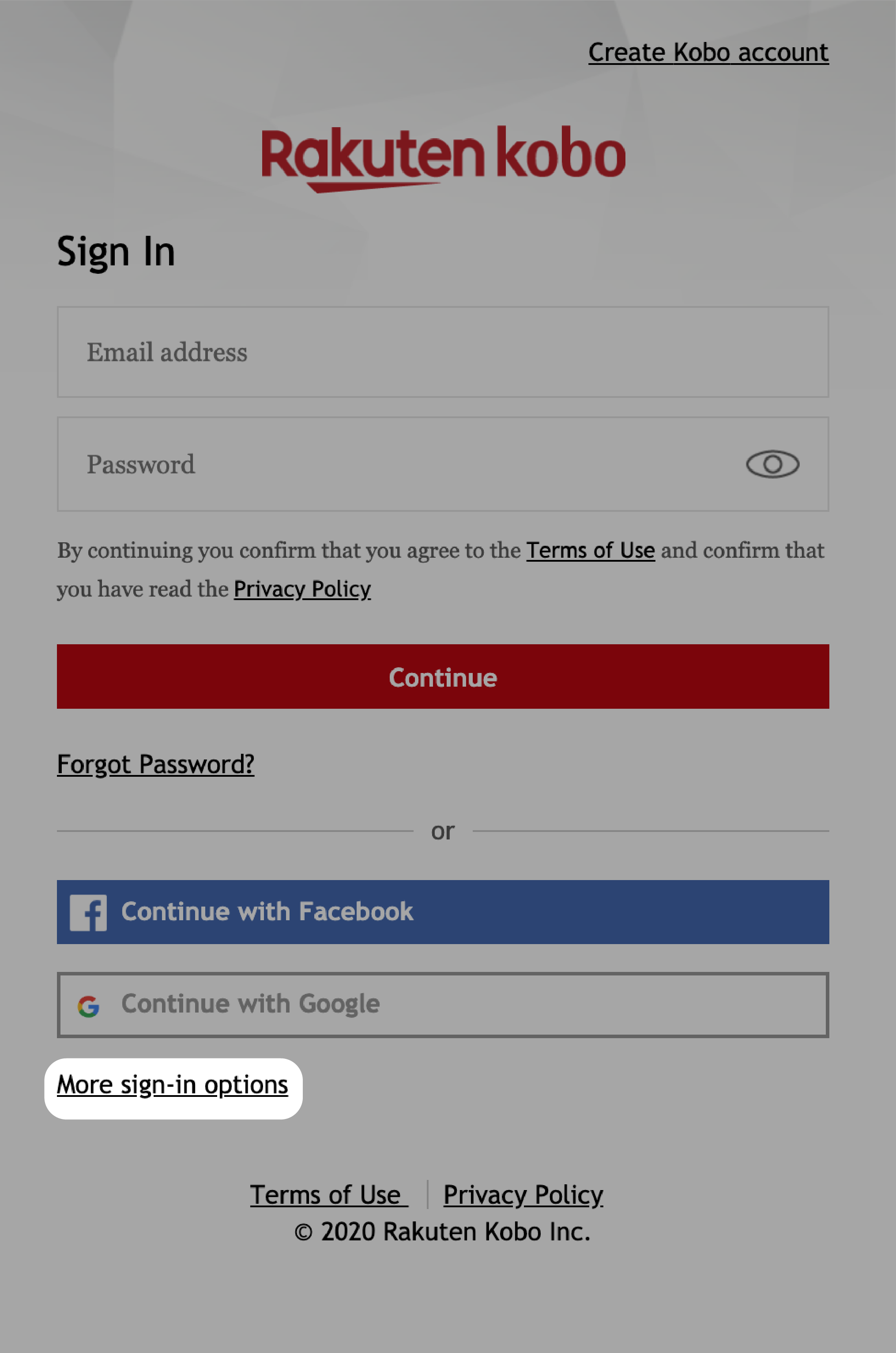 Écran de connexion Kobo.com avec Plus d'options de connexion en surbrillance.