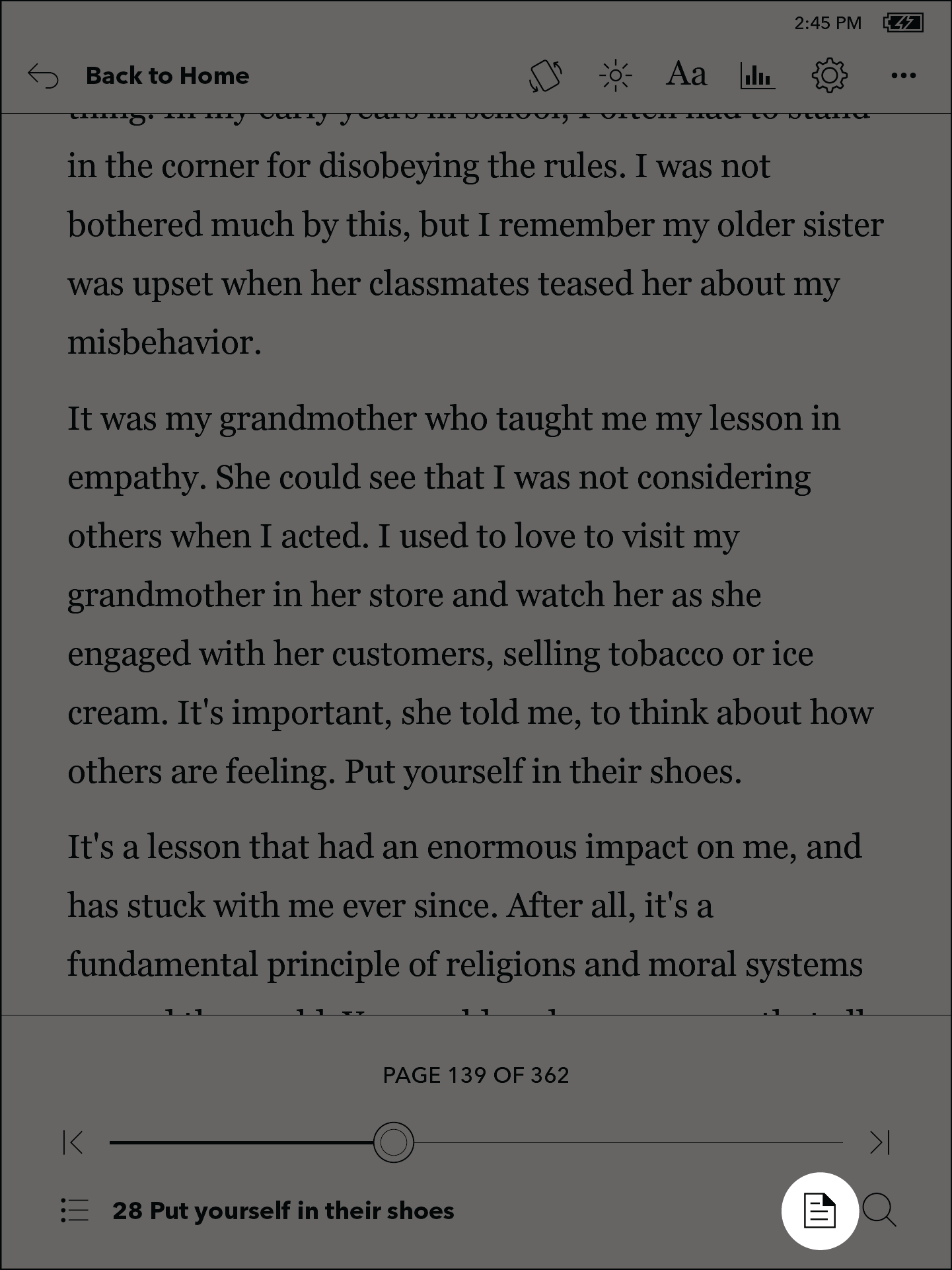 Menú de Configuración de Lectura del Kobo eReader con el ícono de Notas resaltado.