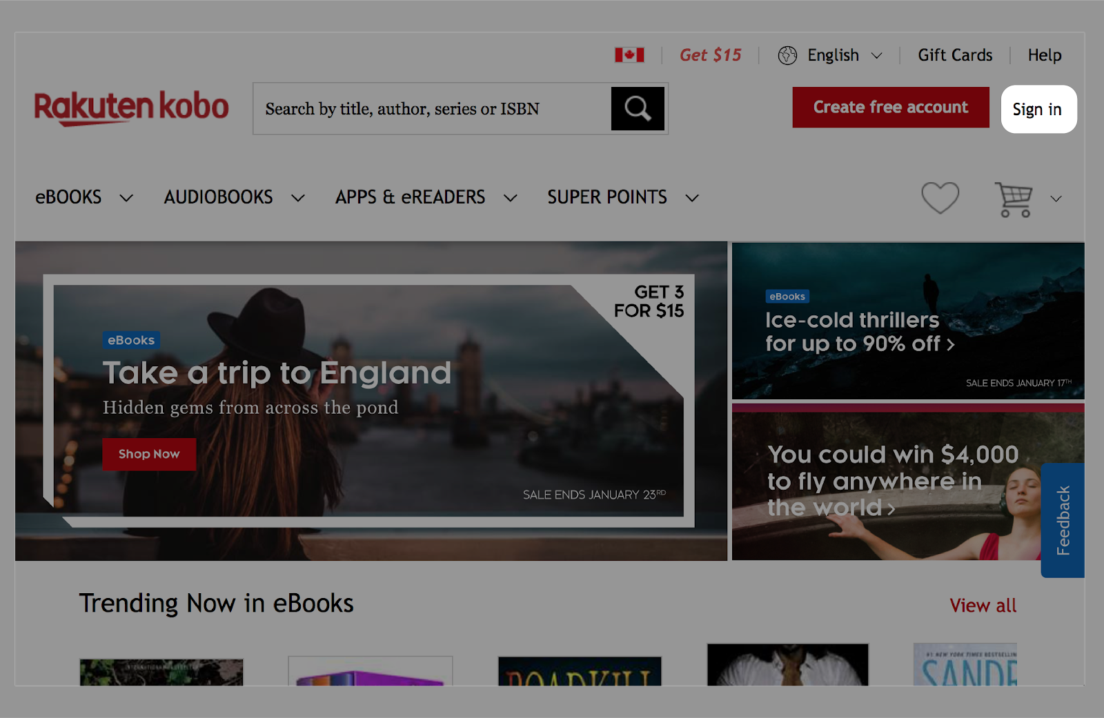 Kobo.com home screen with the Sign In button highlighted.