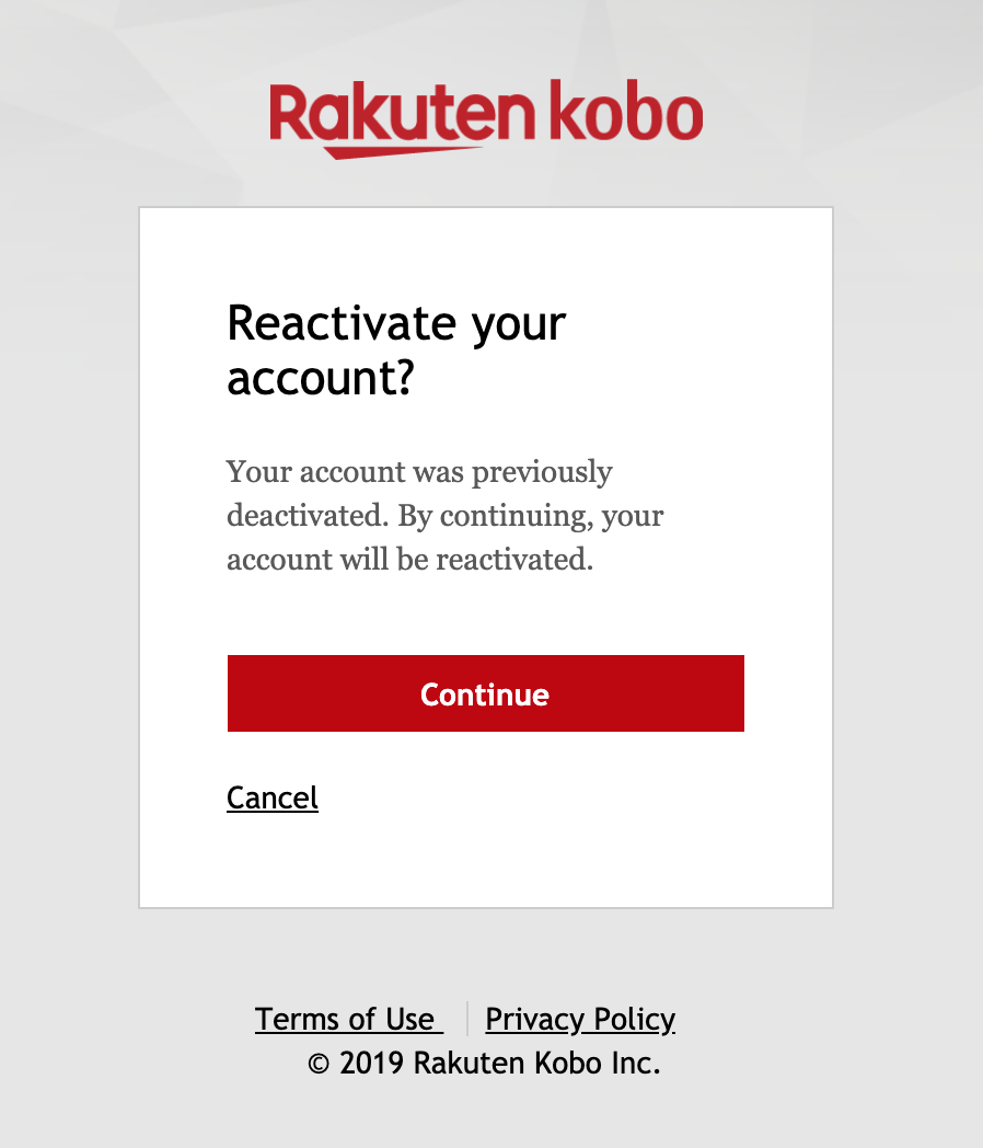Reactivate your Account pop-up menu with the Continue button highlighted.