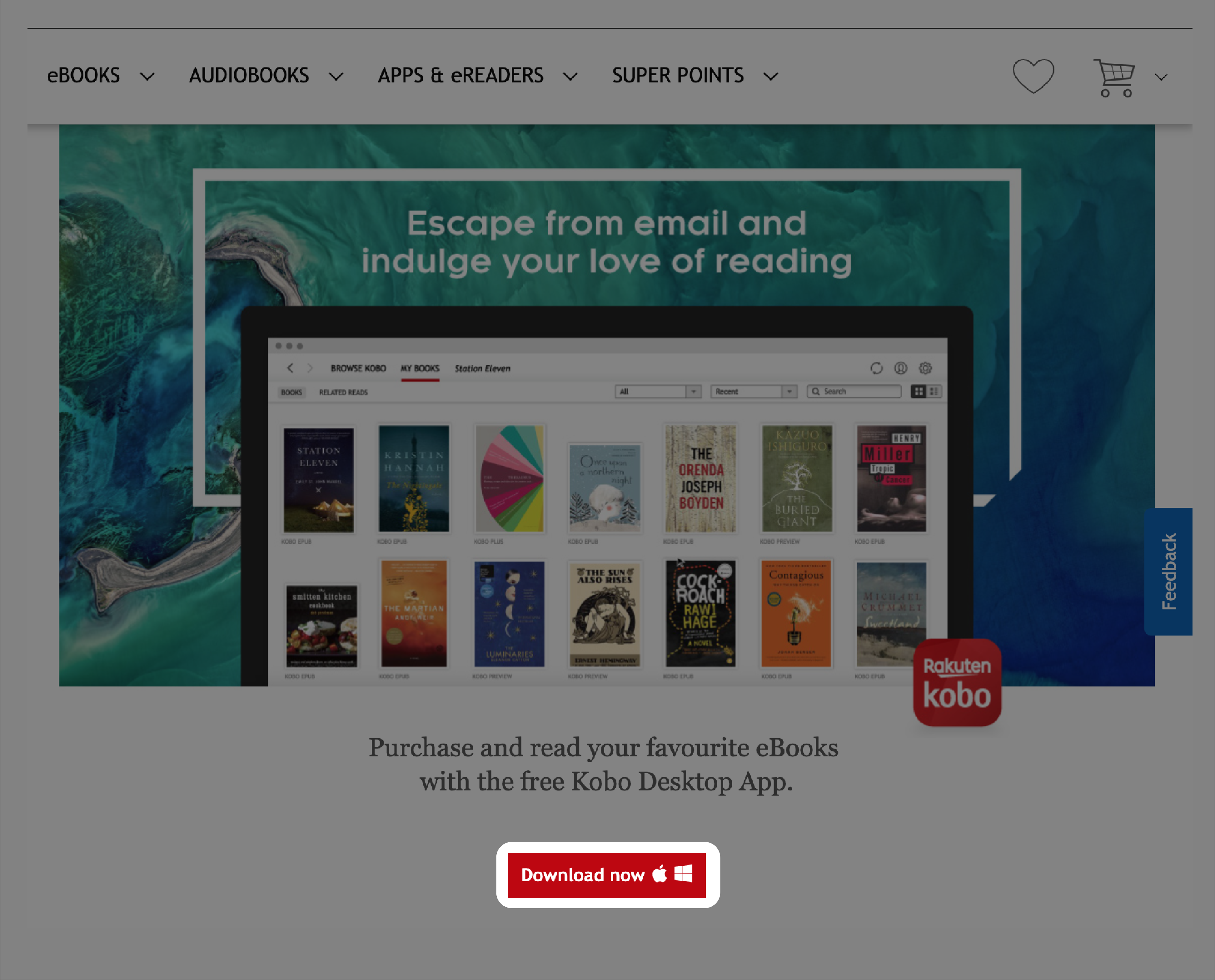 Kobo Desktop app page with the Download now  button highlighted.