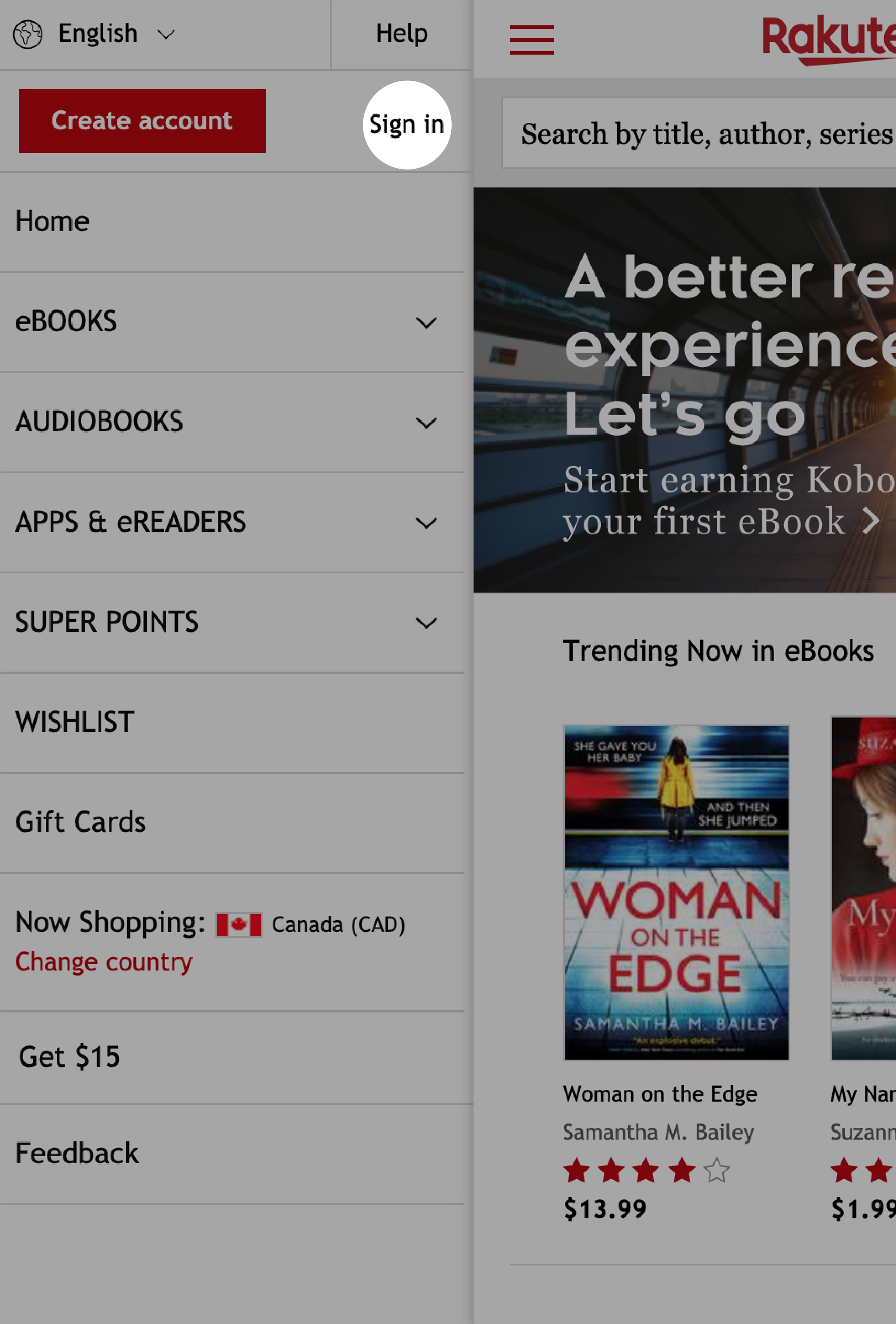Kobo.com home screen in mobile view with the Sign in  button highlighted at the top  of the screen.