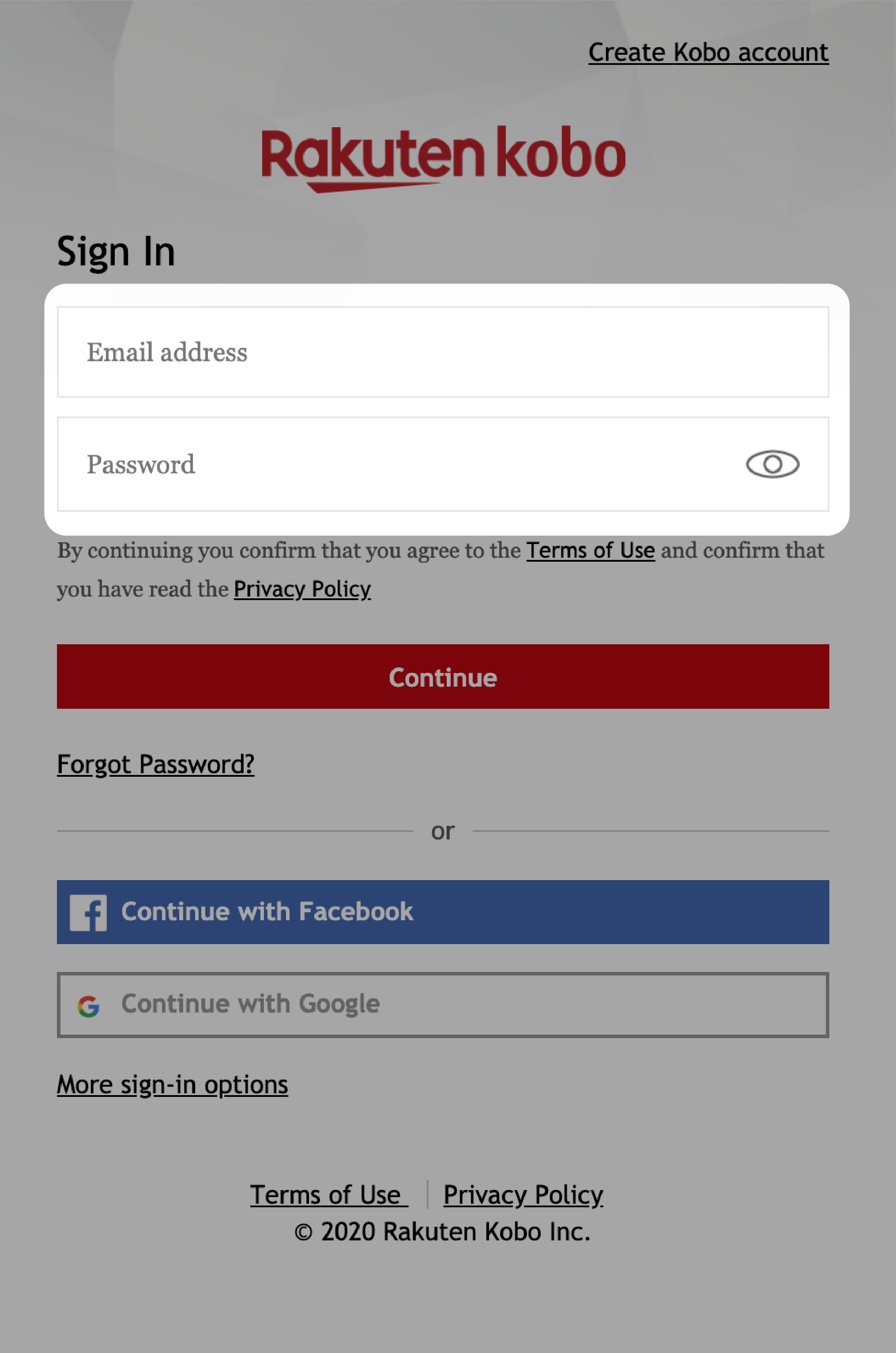 Kobo.com sign in screen with the Email address and password fields highlighted.