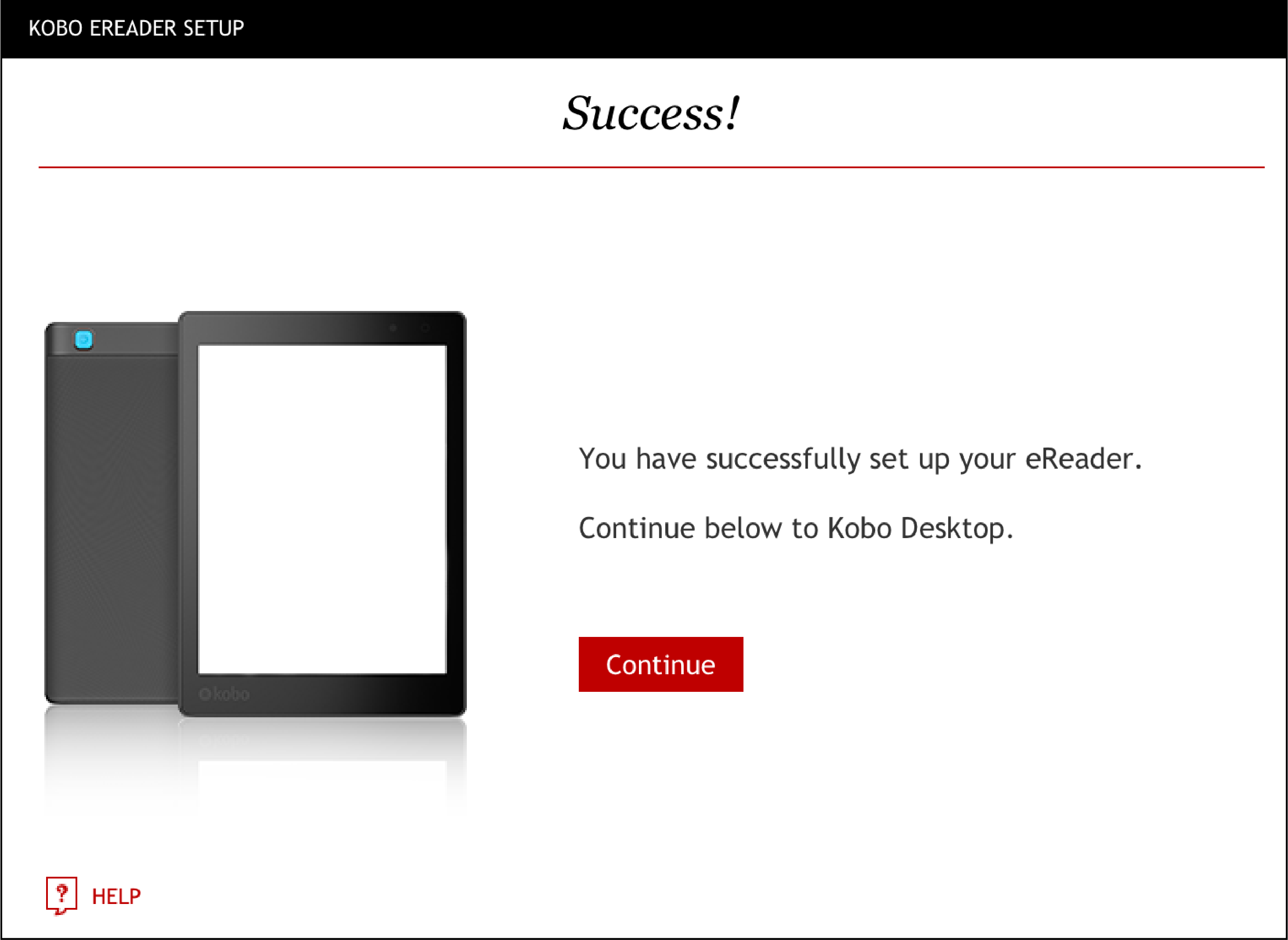 Aplicação Kobo Desktop com o ecrã de Sucesso destacado.