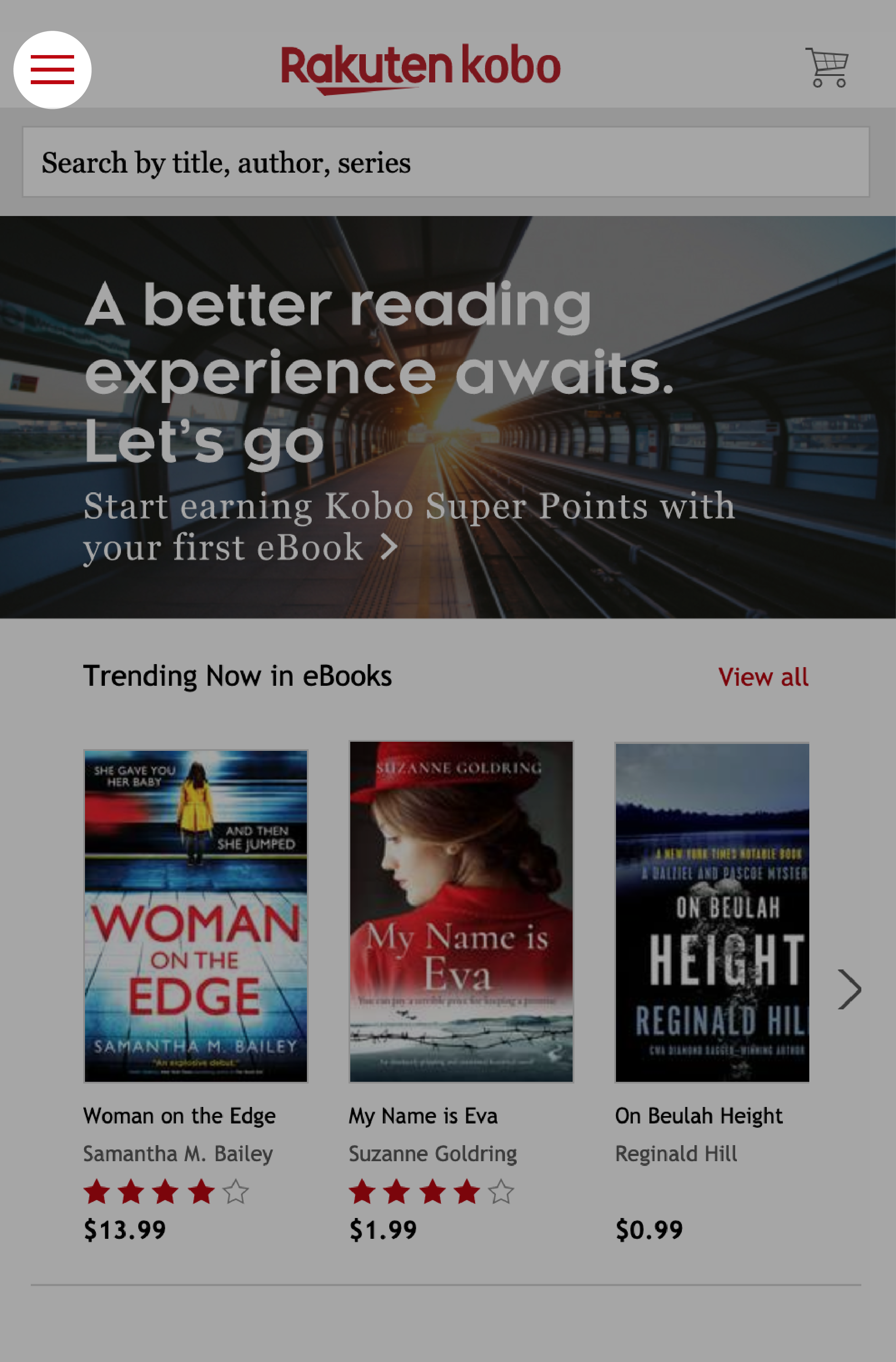 Kobo.com home screen in mobile view with the menu icon highlighted at the top left of the screen.