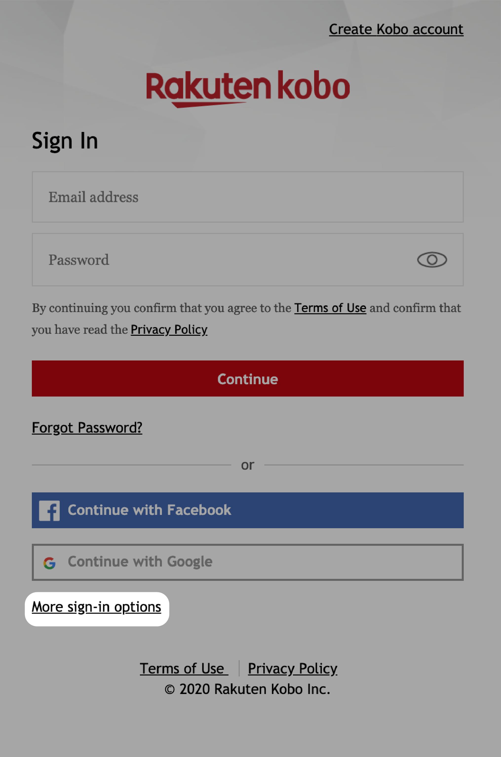 Kobo.com sign in screen with More sign-in options highlighted.