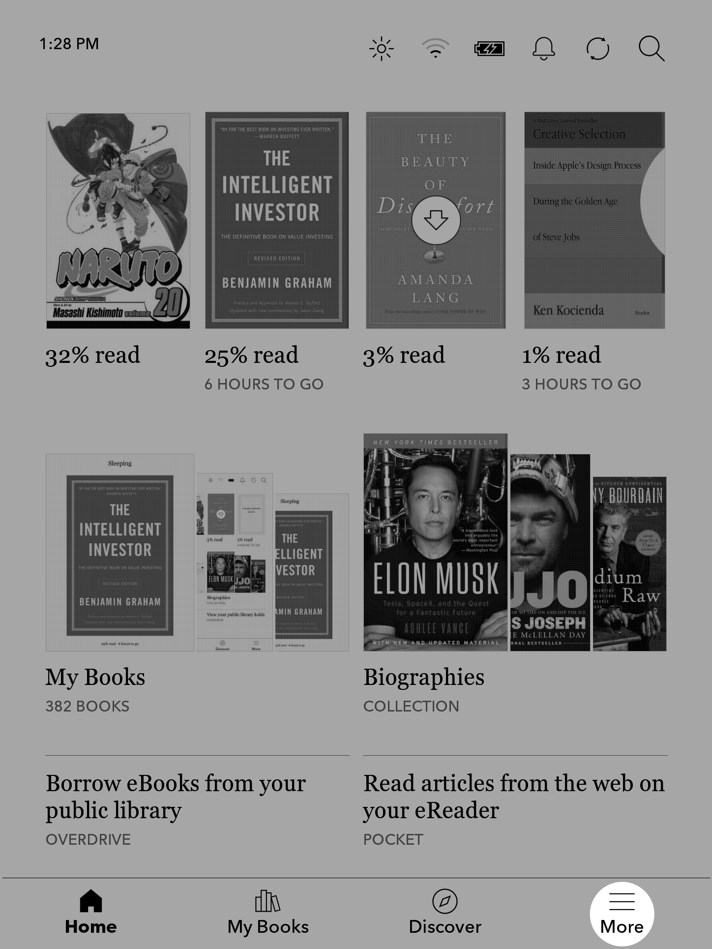 Kobo eReader home screen with the More icon highlighted.