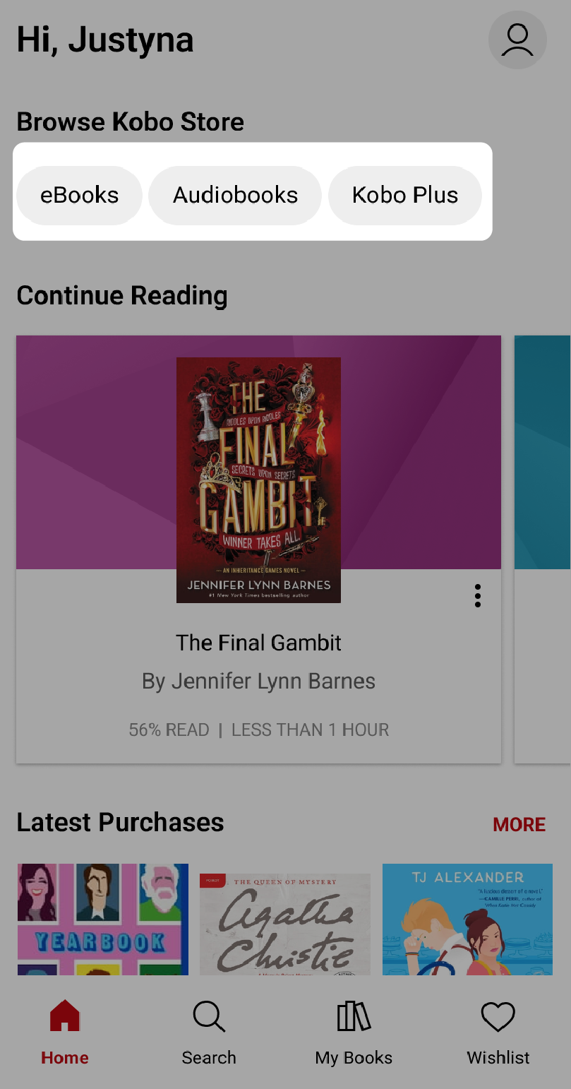 Kobo Books app with the eBooks and Audiobooks and Kobo Plus filter highlighted near the top of the screen.