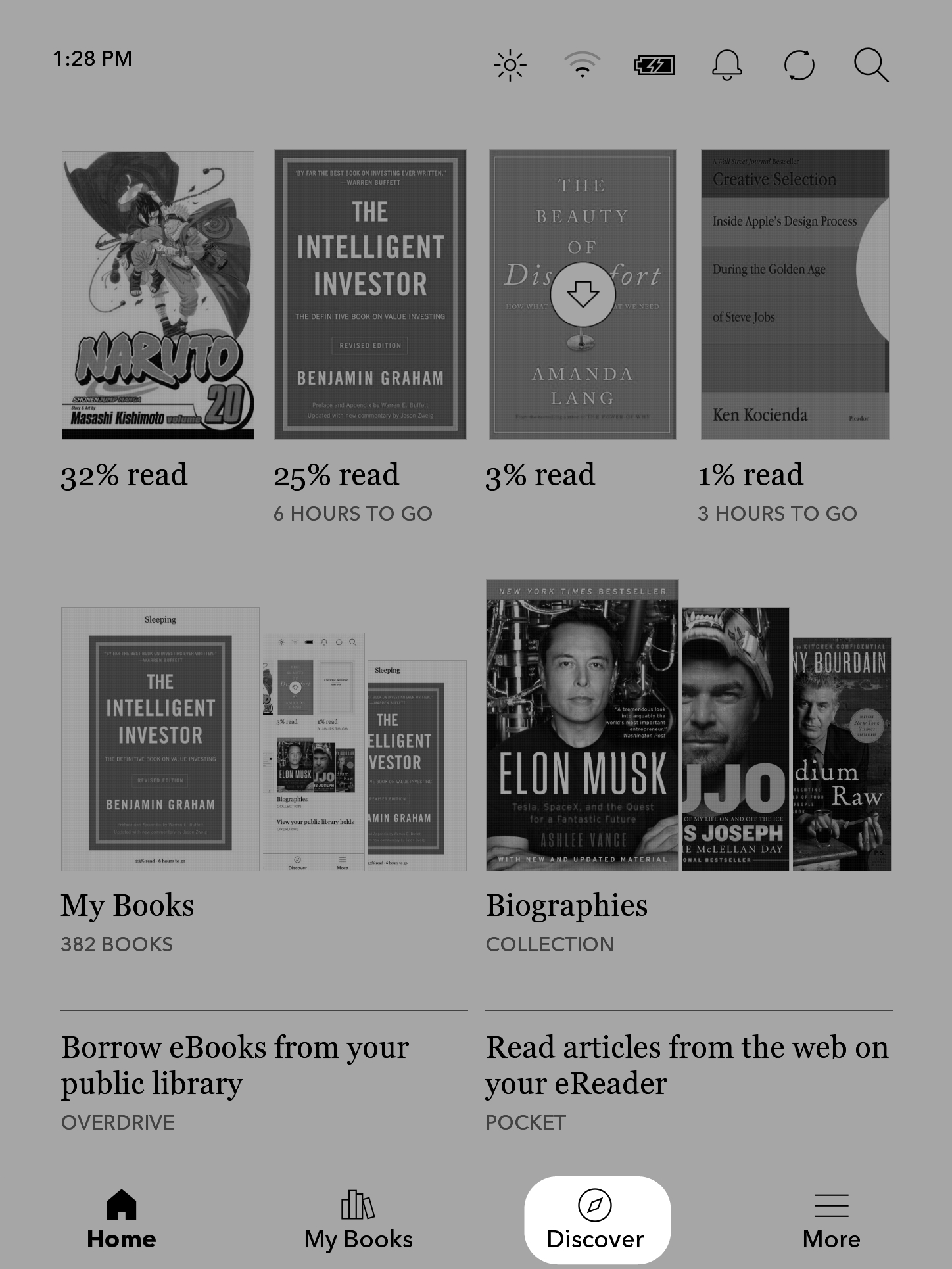 Kobo eReader Home screen with the Discover button highlighted at the bottom of the page.
