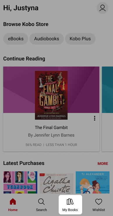 Kobo Books app home screen with the My Books icon highlighted.