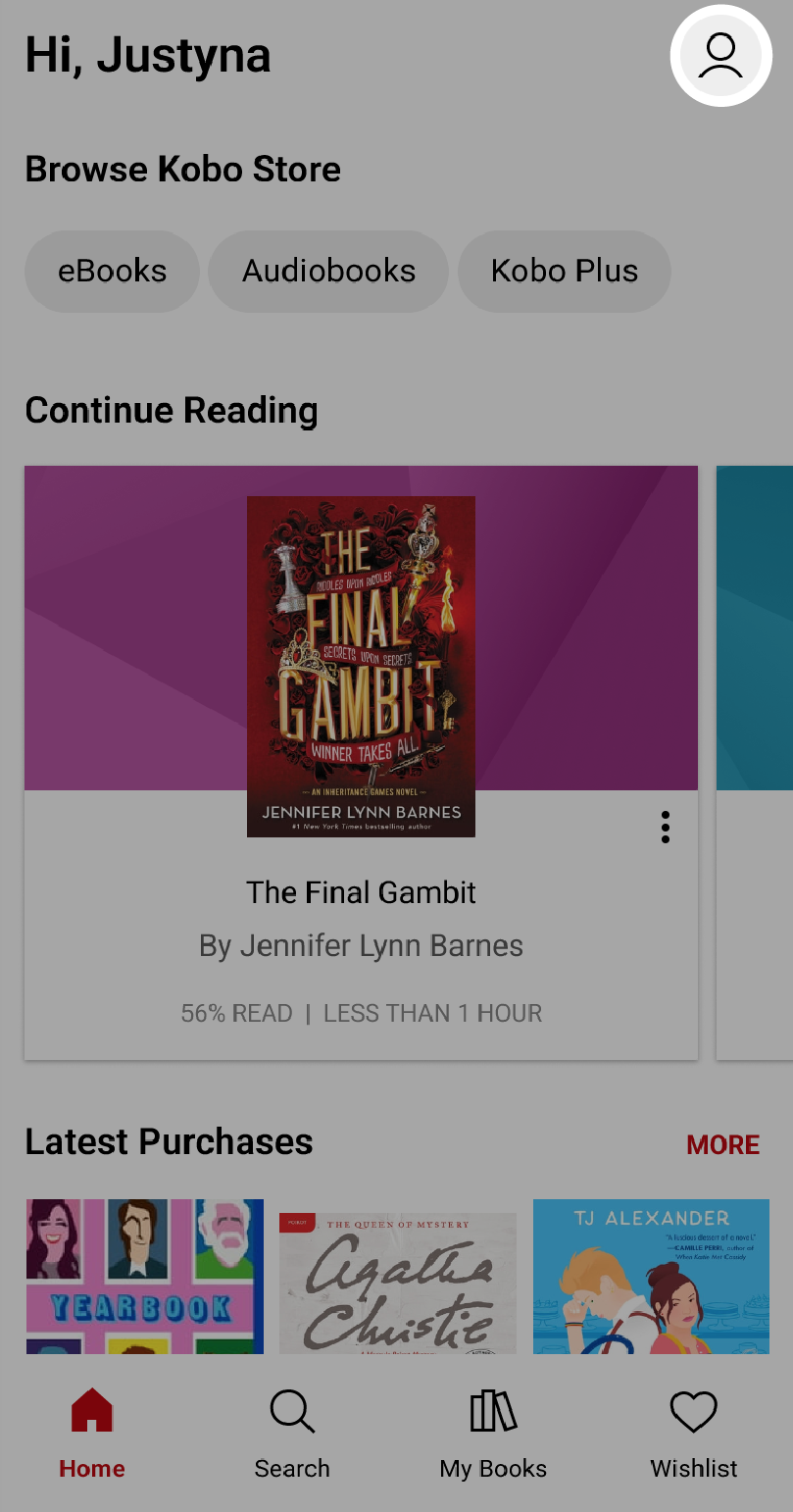 App Kobo Books con l'icona del profilo evidenziata vicino all'angolo in alto a destra dello schermo.