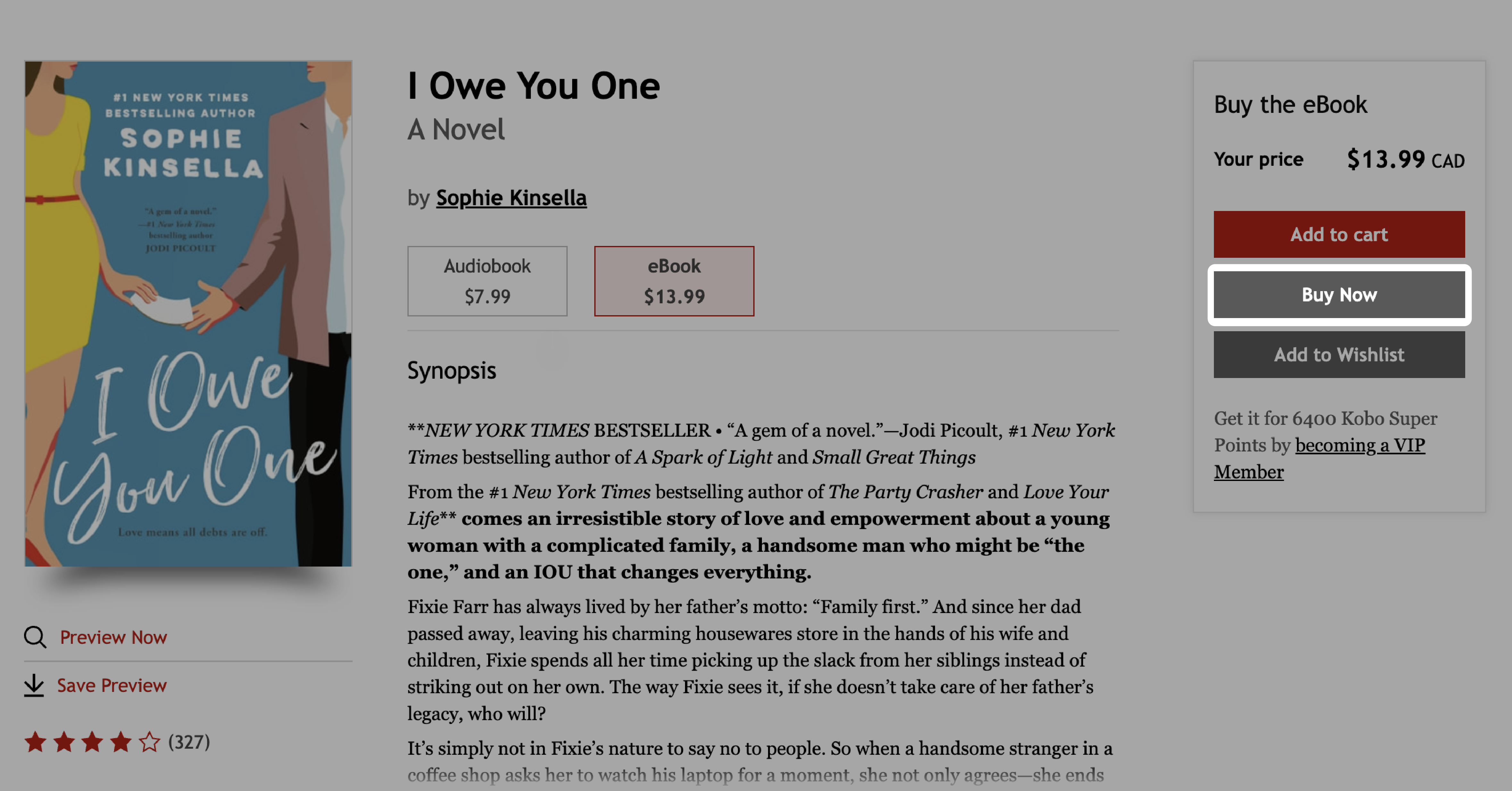 Kobo Book detail page with the Buy Now button highlighted.