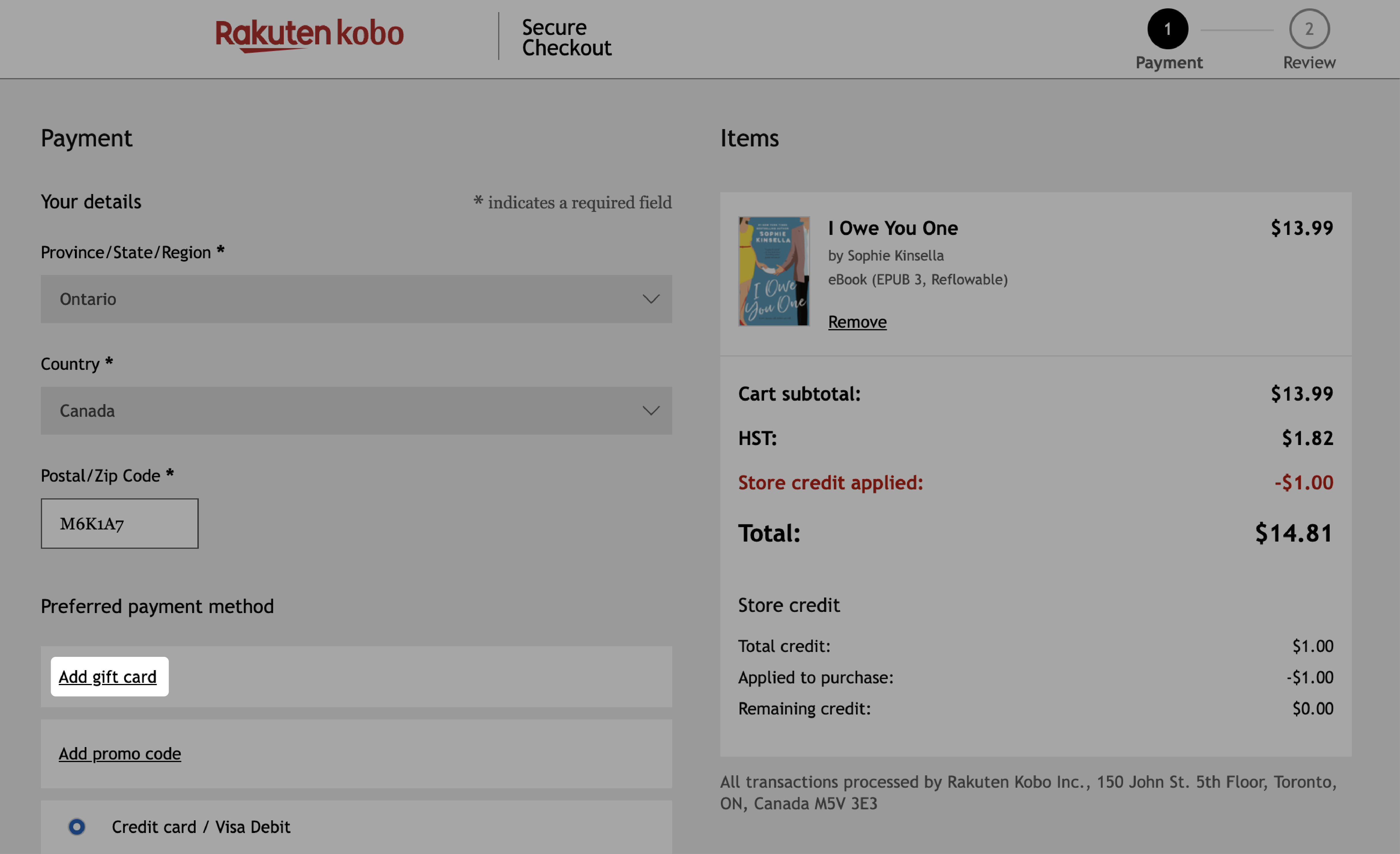 Kobo.com checkout page with the Add gift card button highlighted.