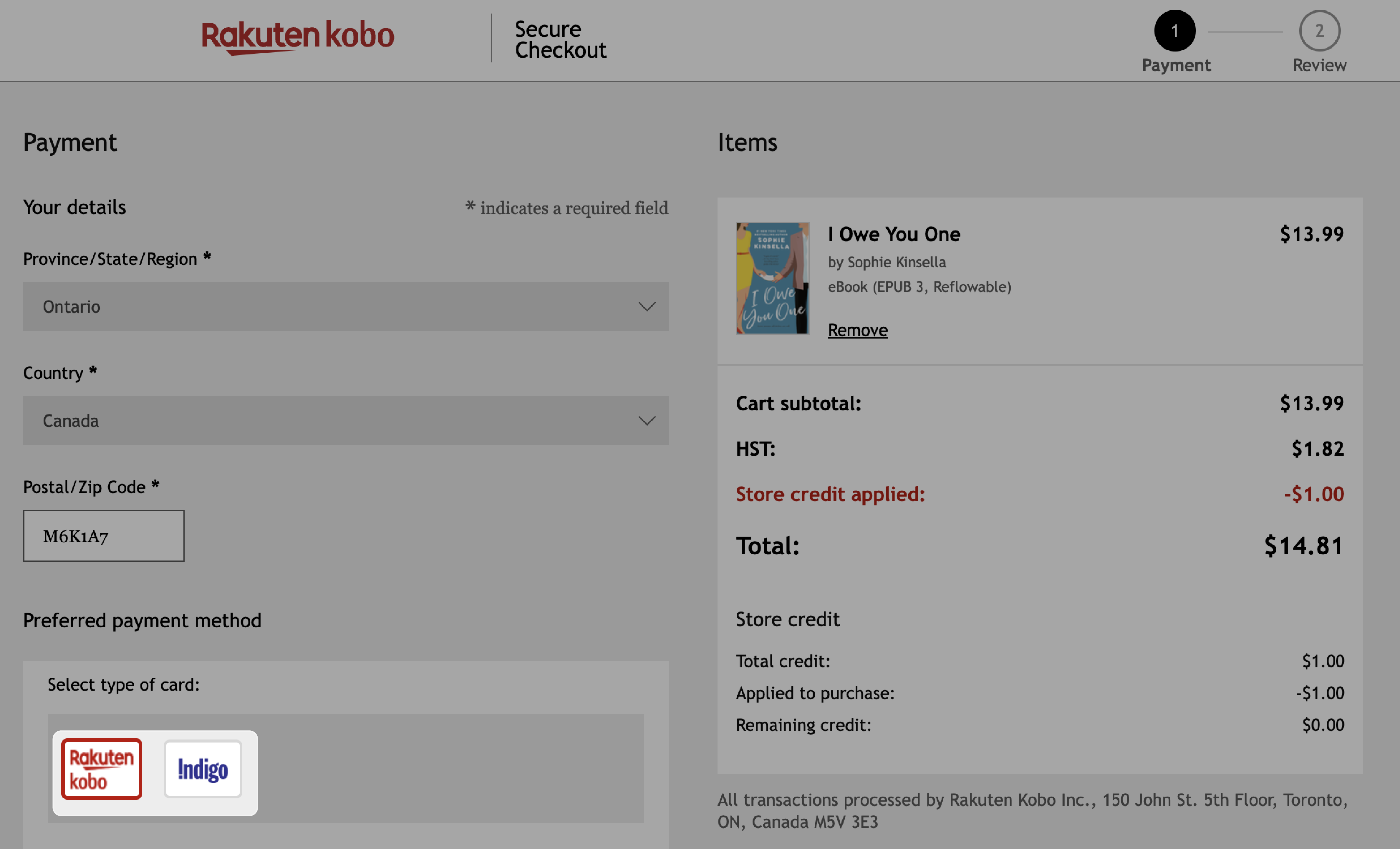 Kobo.com-Kassenseite mit hervorgehobener Rakuten- und Indigo-Geschenkkarte.