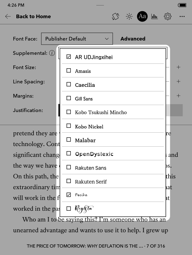 Kobo eReaderin fonttivalikko, jossa korostettuna ladattujen fonttien luettelo lisävalikossa.