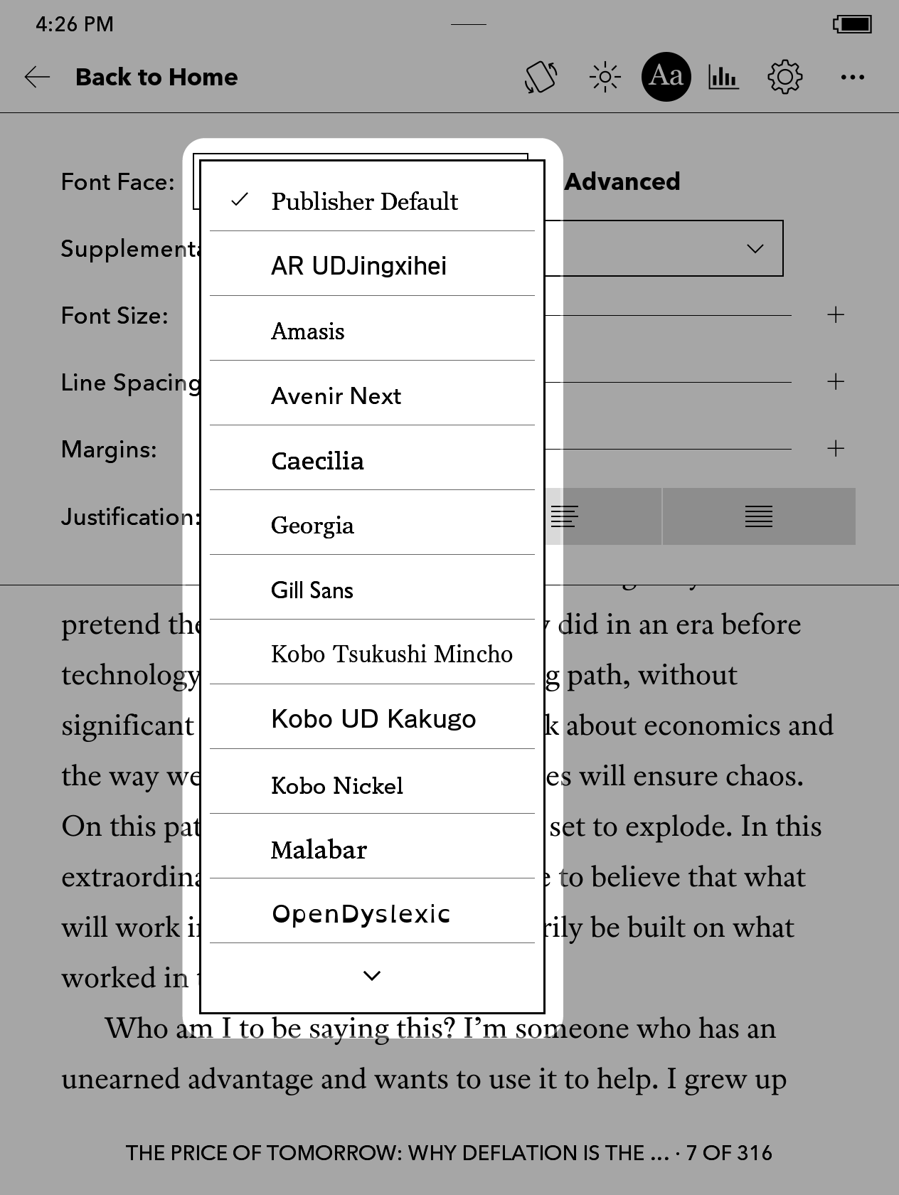 Menú de fuentes del eReader Kobo con una lista de fuentes resaltada.