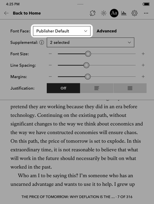 Menu de Fontes do Kobo eReader com o menu suspenso Tipo de Letra destacado.