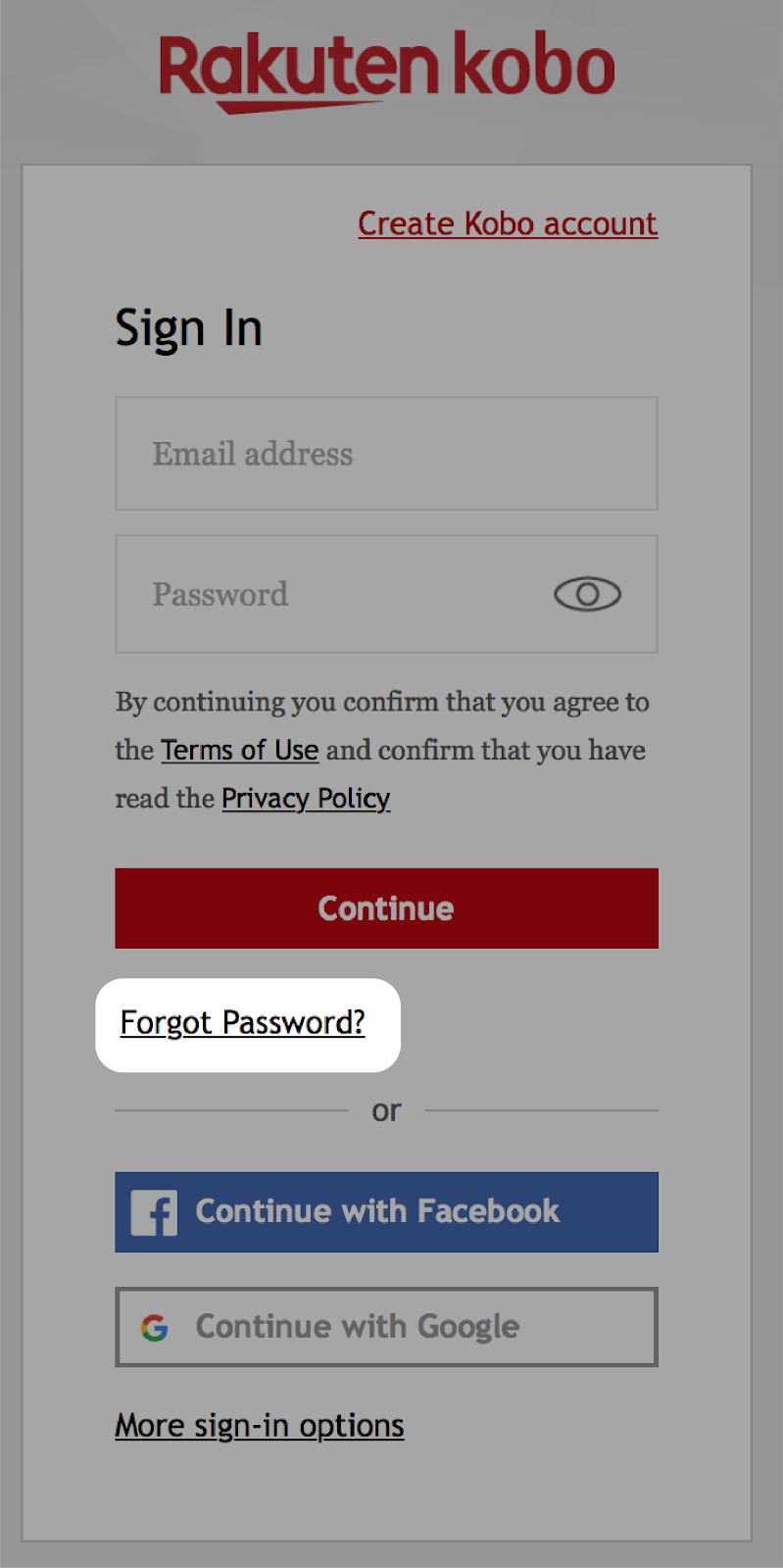 Kobo.com login-menu med knappen Glemt adgangskode fremhævet.