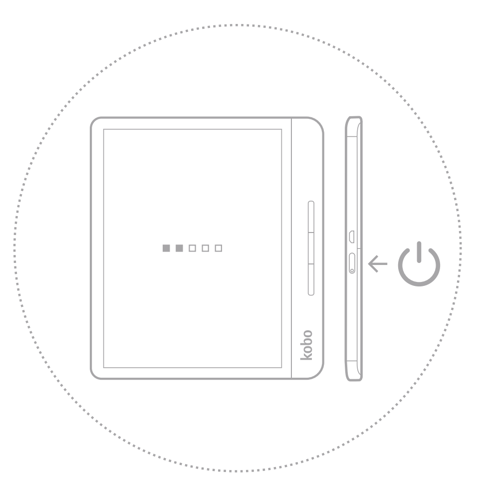 Kobo eReader-illustration med tænd/sluk-knappen og porte fremhævet.