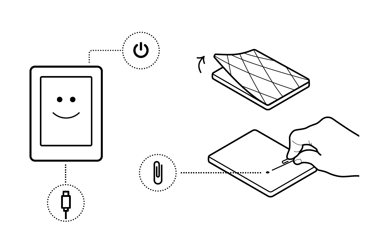 Kobo Mini with the back cover removed and reset port highlighted.